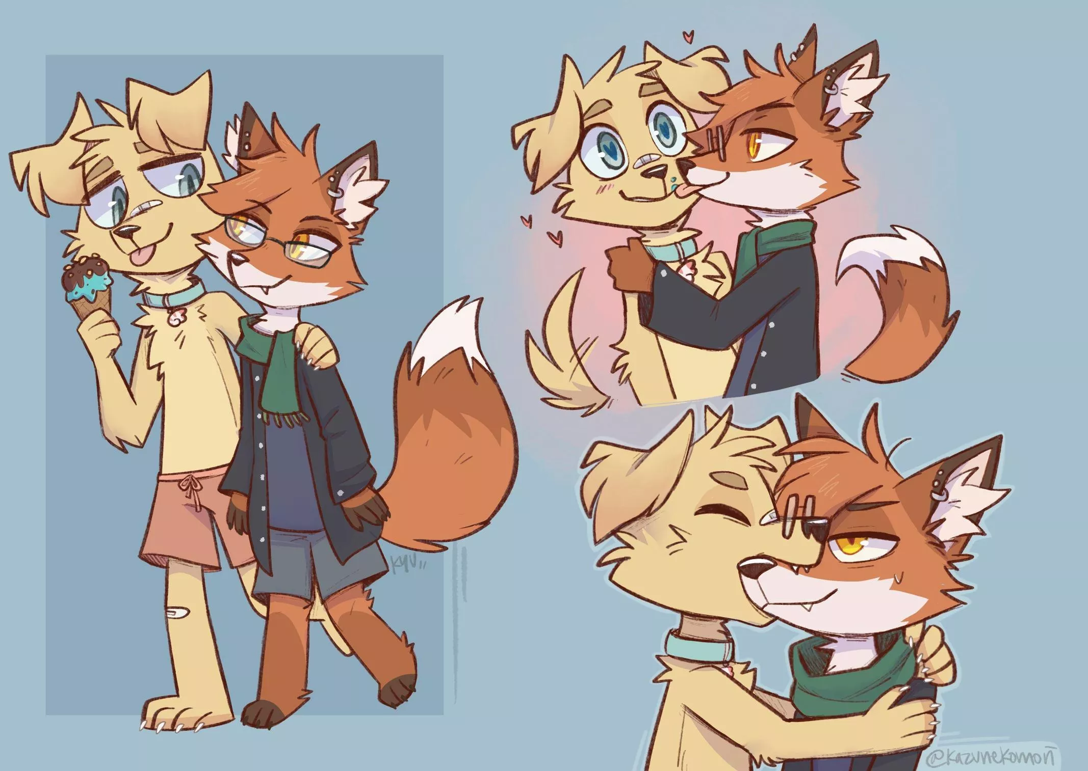 Drew the floof again! Rosco and his fox partner Ferris [art by me @kazunekomori on twitter] posted by kazunekomori