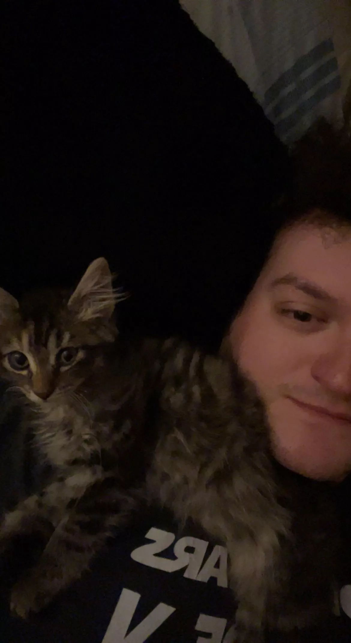 Excuse the tired look and messy eyebrow (just got home from gym) - meet the little Kitten I saved from the woods behind my house last week! (I am calling her Monster Truck right now bc sheâ€™s a little terror who demolishes everything) posted by willythewise123