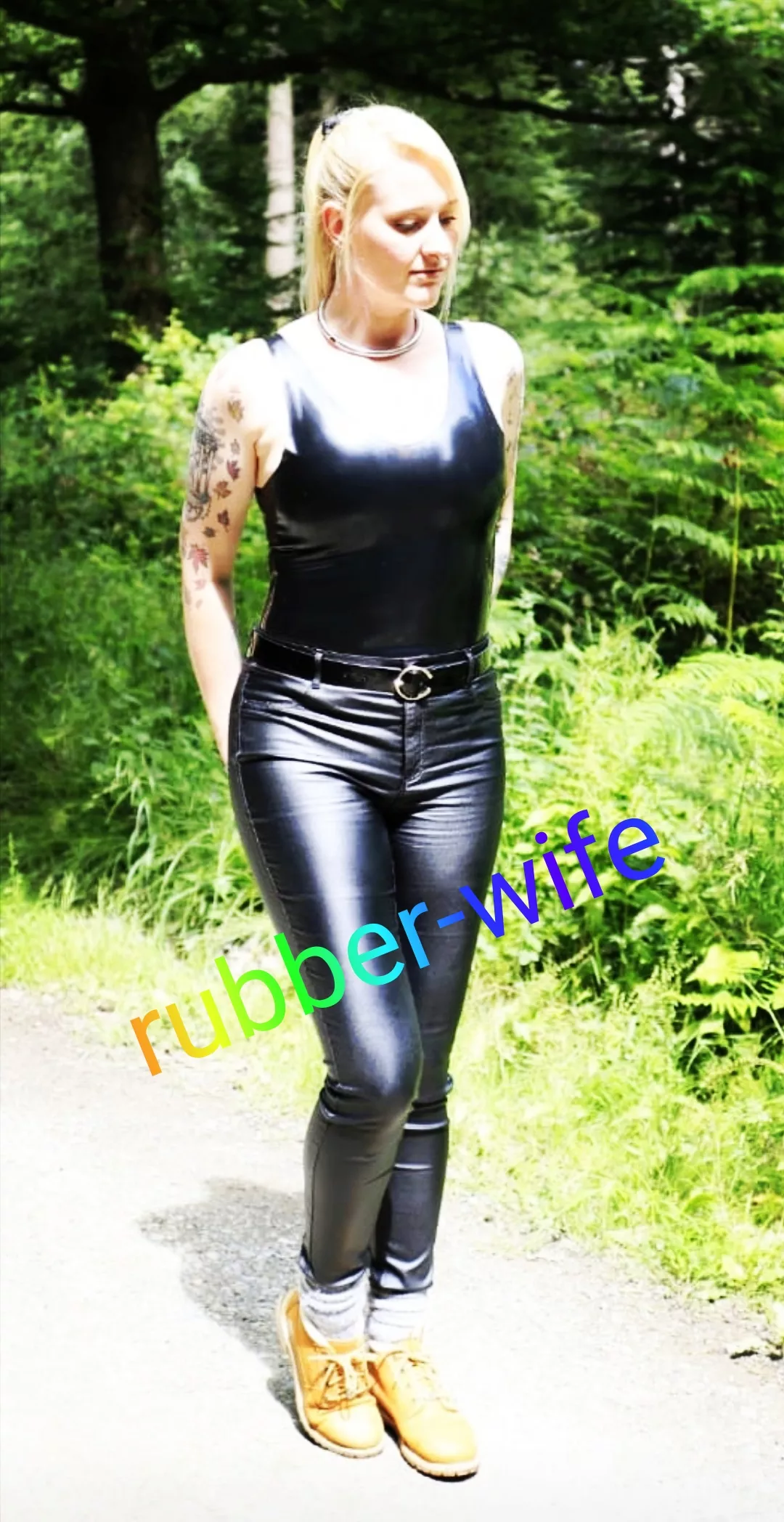 [F] [OC] What do we think of a Latex Bodysuit combined with PVC Jeans for a daily walk? posted by rubber-wife