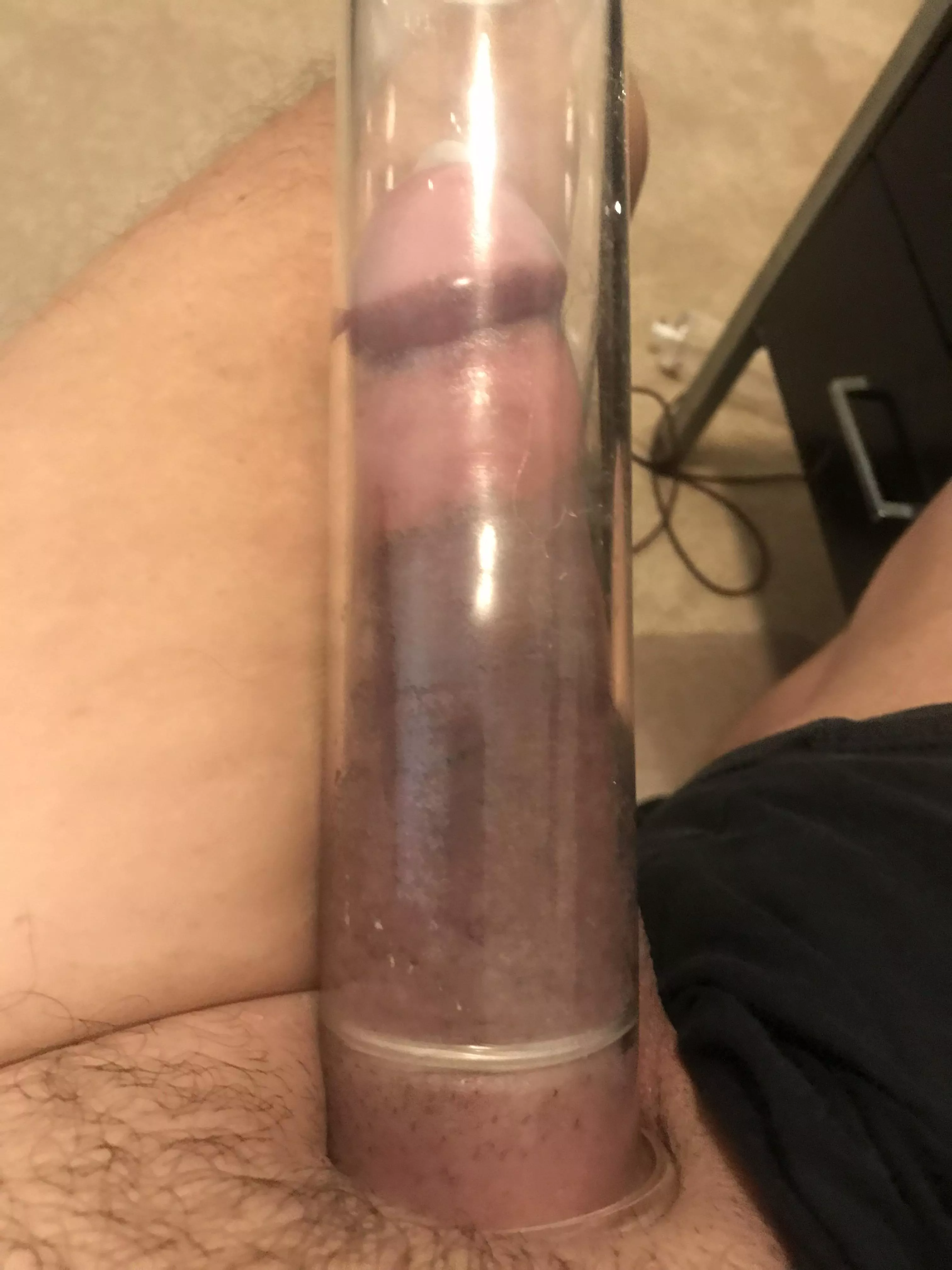 First time pumping with a condom. Shame that XL condoms are not longer and wider. This one left a deep purple line at the base of my shaft. posted by buddytest99