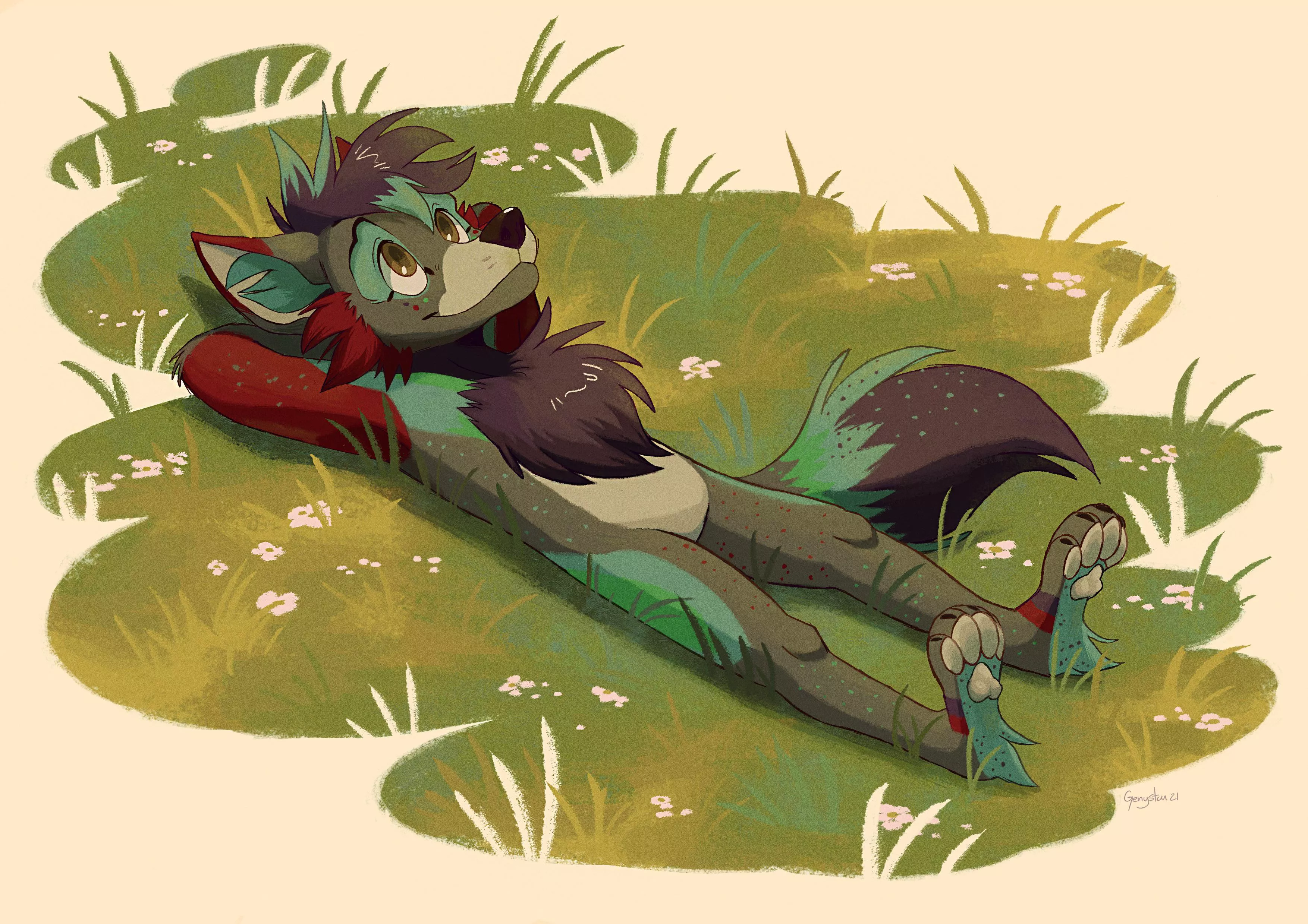 Fizz, relaxing among the grass. Art by @GGenystar on Twitter posted by InfinityFox96