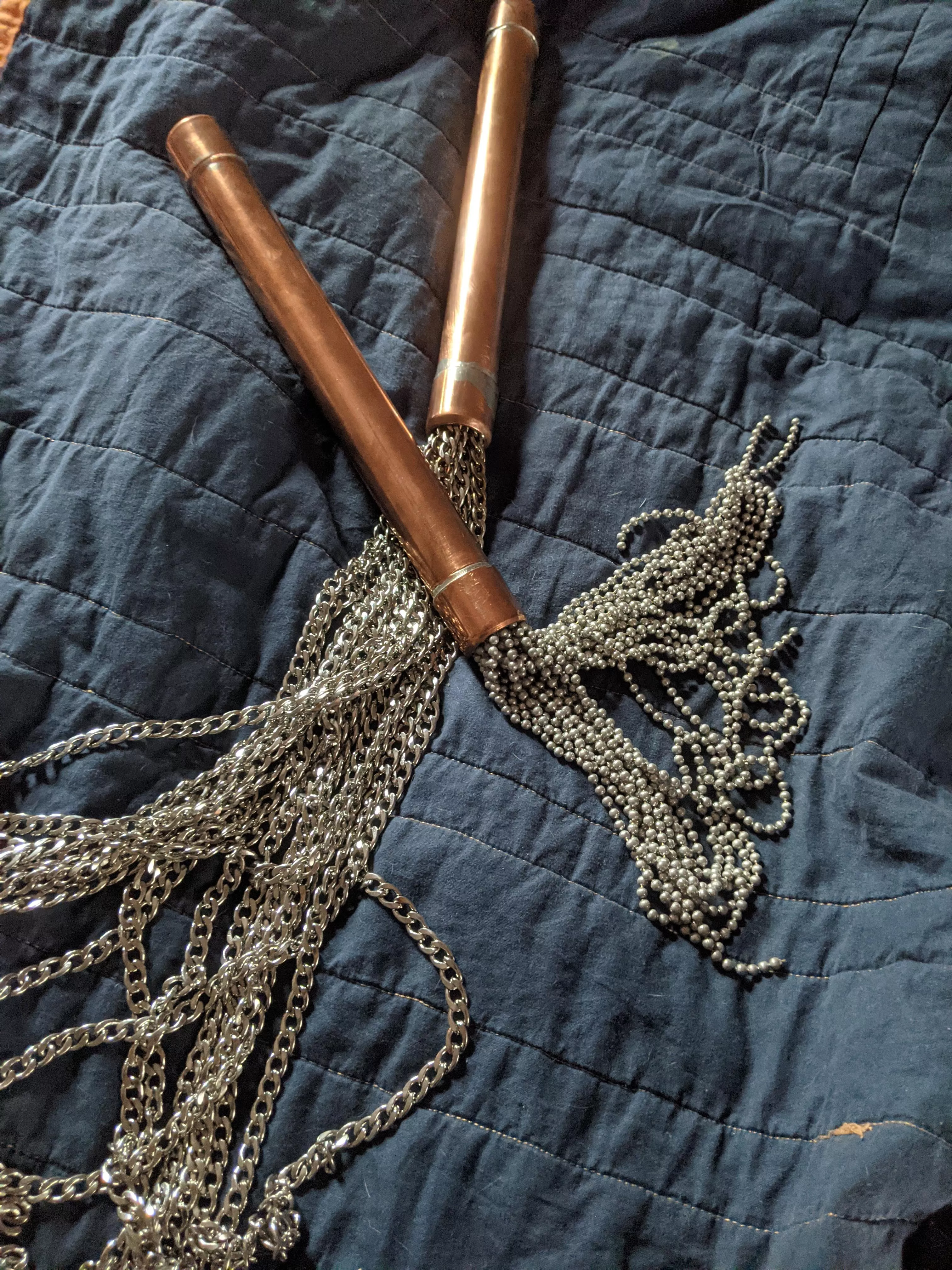 For Christmas my fiance made me (us) some lovely, heavy, conductive floggers. Fully appreciate his dedication to beating my ass. posted by hrdrplse