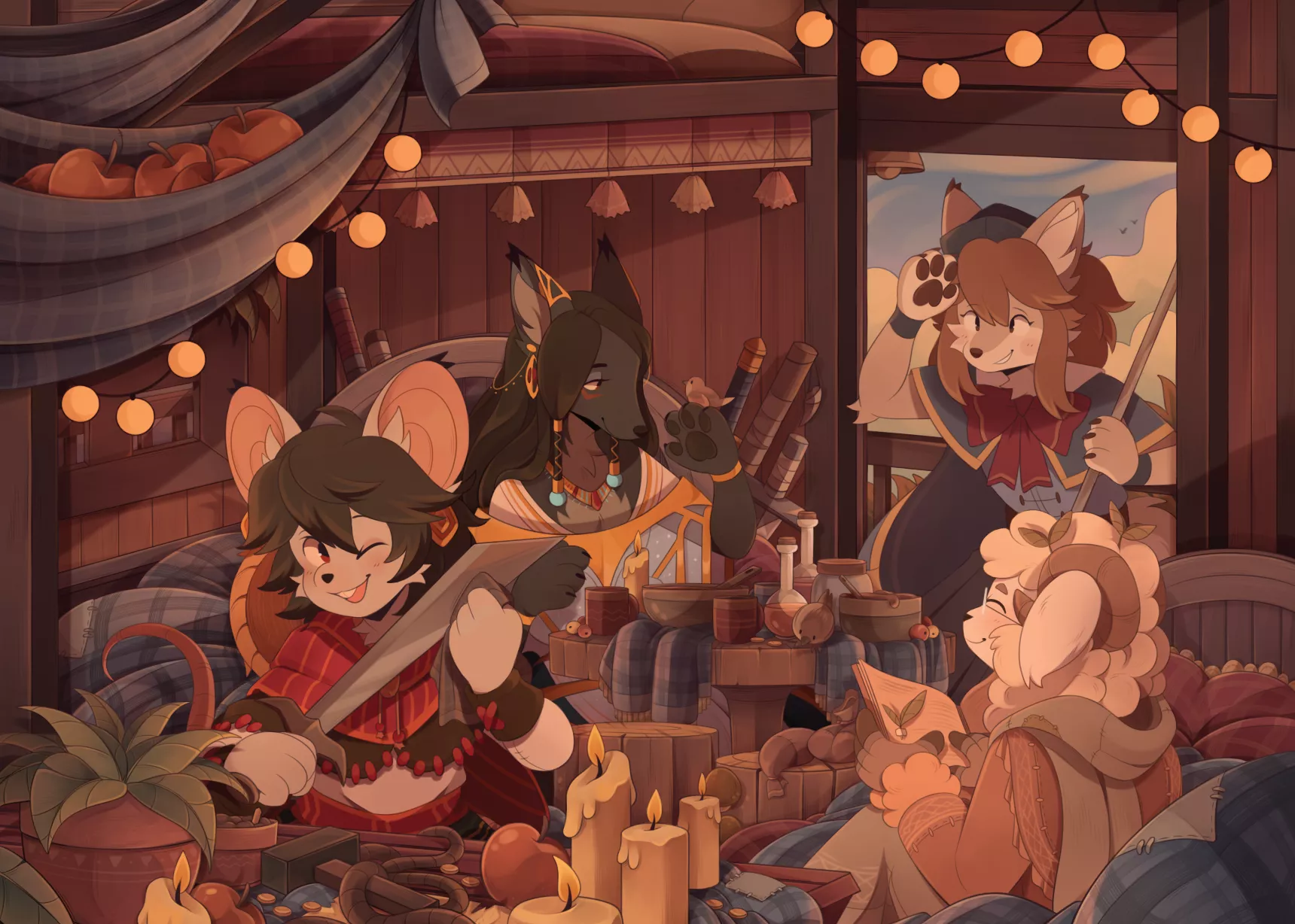 Four crew members in their house wagon! Launched my furry D&D Kickstarter this month and the furry community has helped us do AMAZINGLY well, thank you so much. Only 30-something hours left and then I can breath. (Cozy as heck wagon art by @sherwiind posted by Inboxmefoxes