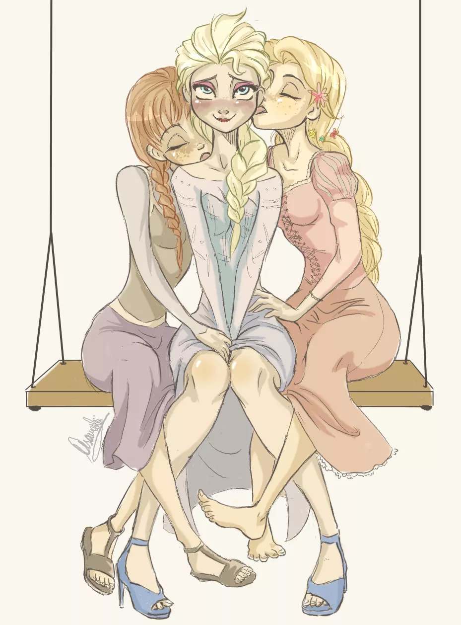 Frozen, Tangled Kisses [Elsa, Anna, Rapunzel] (asameshii) posted by Flereicem