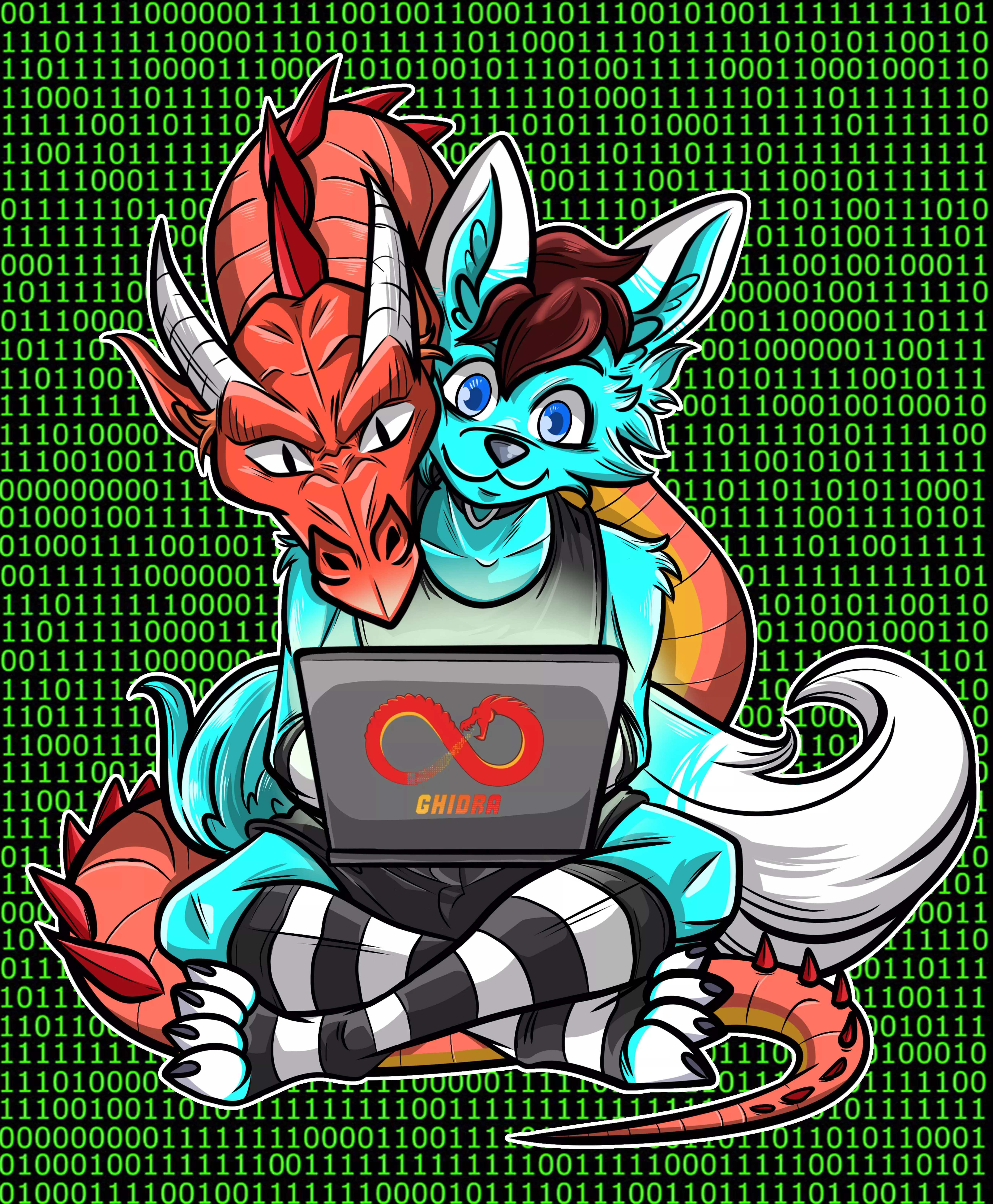 Ghidra the dragon and a Wolf disassembling a binary file! (Art by emanuellobo on Fiverr) posted by AsenaWolfy