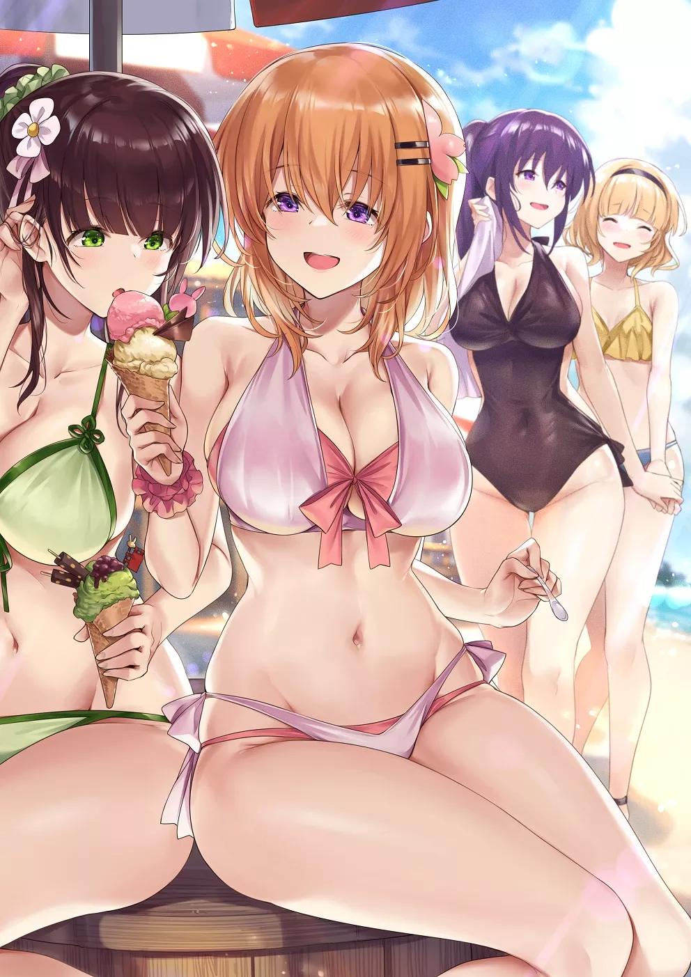 Grown-up Chiya, Cocoa, Rize, and Sharo at the beach [GochiUsa] posted by nananashi3