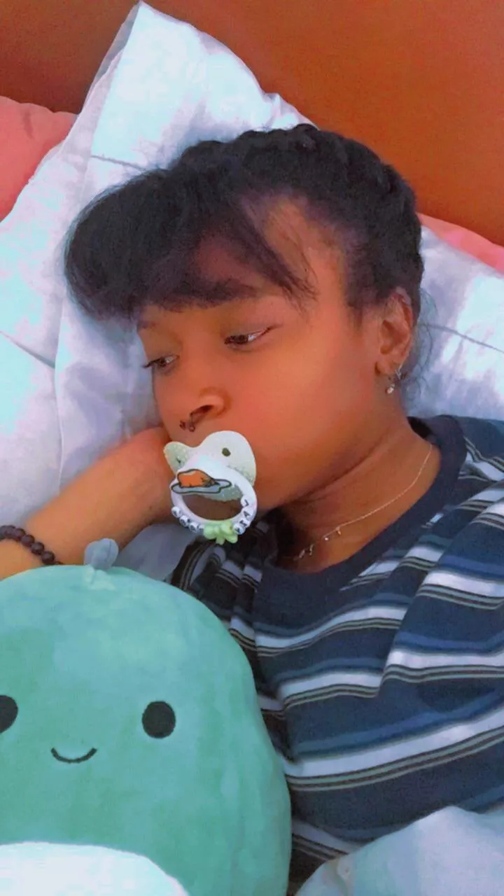 Hanging with Arlie...itâ€™s been rough...and my paci ripped after taking this photo. Being big is hard. posted by Daisymilktea