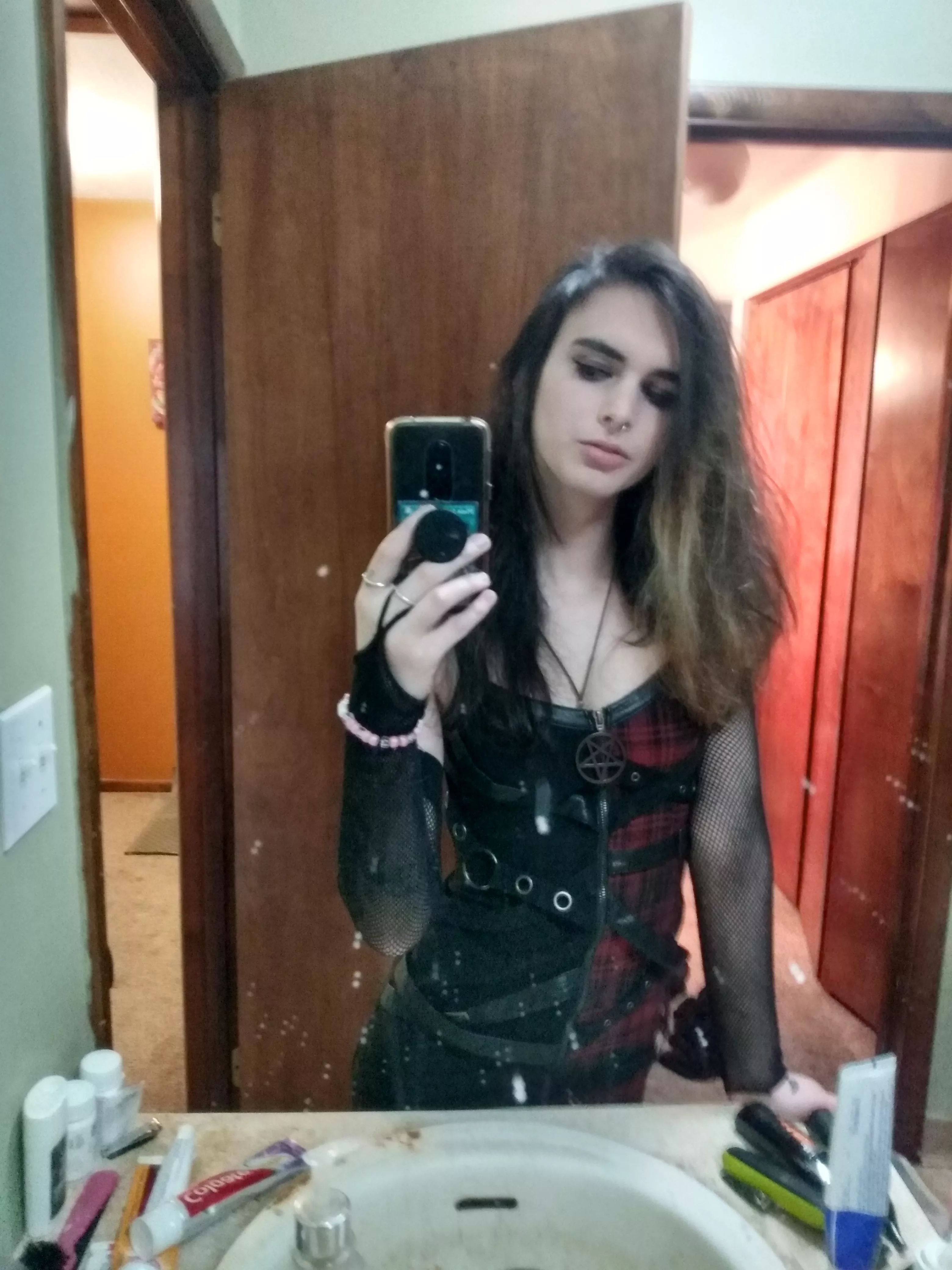 Here's a bathroom selfie from when I came back clubbing. Tell me how I look?🦇💖 posted by stardust-moon