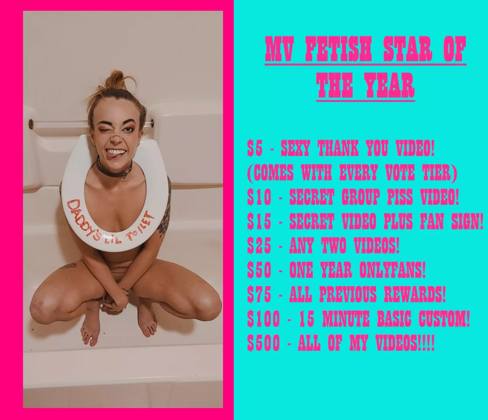 HI EVERYONE! ðŸ’–I'm running for MV Fetish Star of the Year!ðŸ’– So, pretty please with a cherry on top go vote for me ðŸ’ All paid votes have AWESOME rewards! posted by littlerosexo