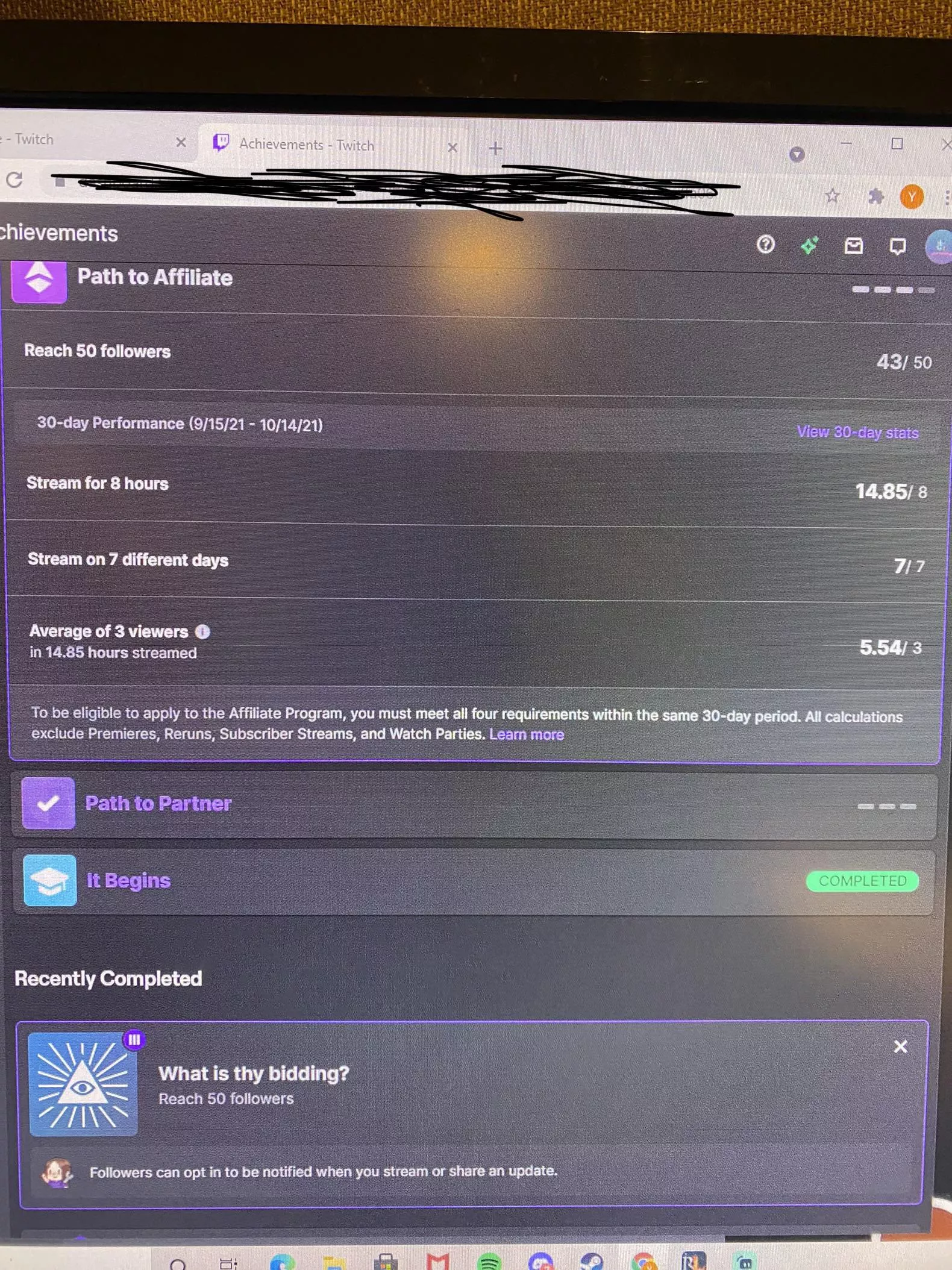 How long does it take to get affiliate status? I’ve reached all the requirements but it’s not reflecting accurate follow count. posted by YasinElabdi