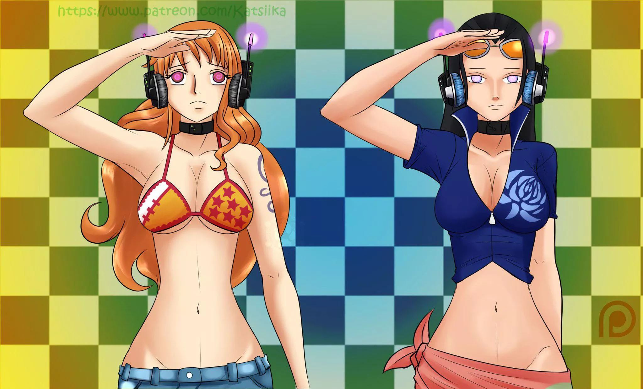 Hypnotised Nami and Robin from One Piece. (art by @hypno_katsiika on twitter) posted by kaijuofthevoid