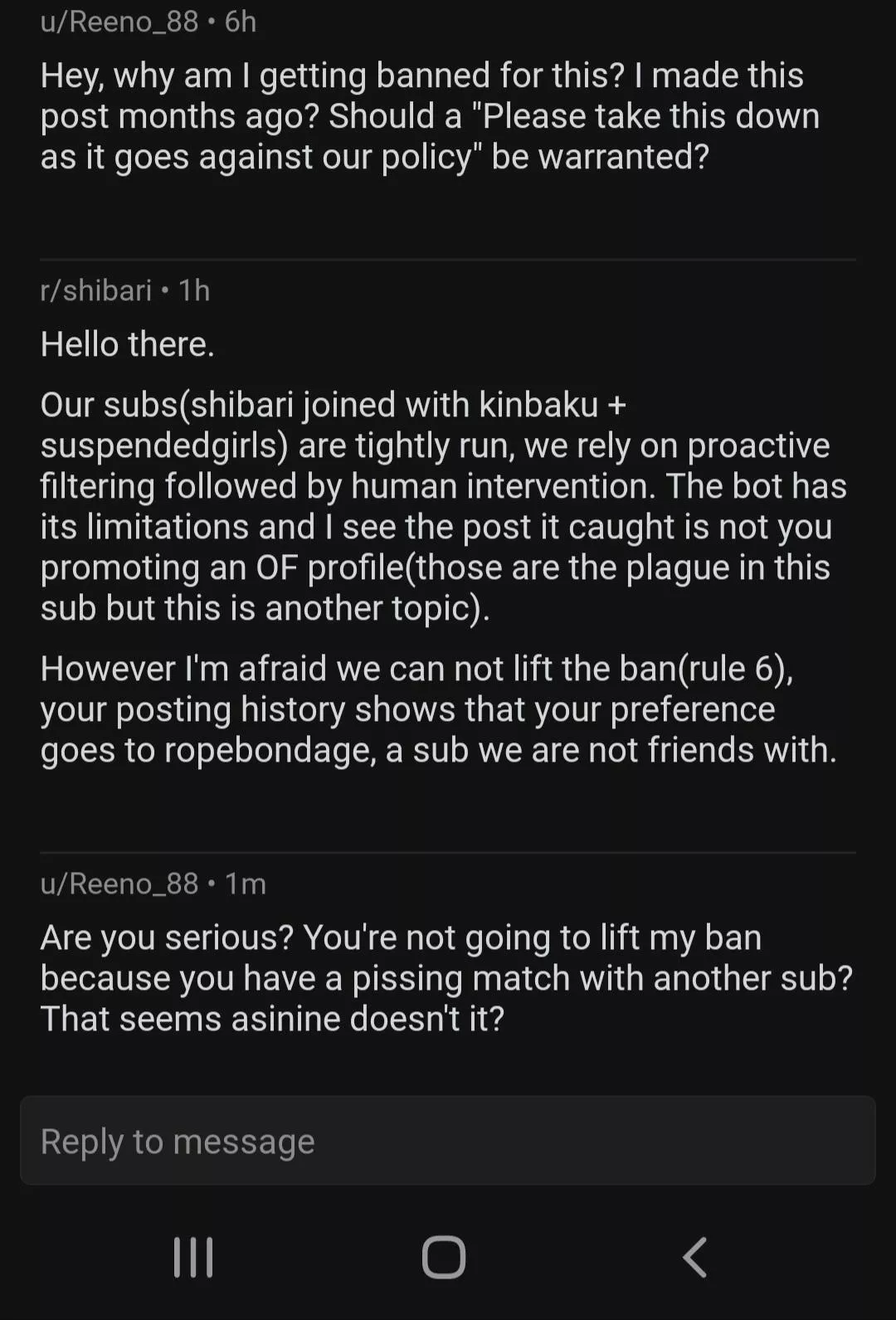 I got banned from r/Shibari because I follow this sub. posted by Reeno_88