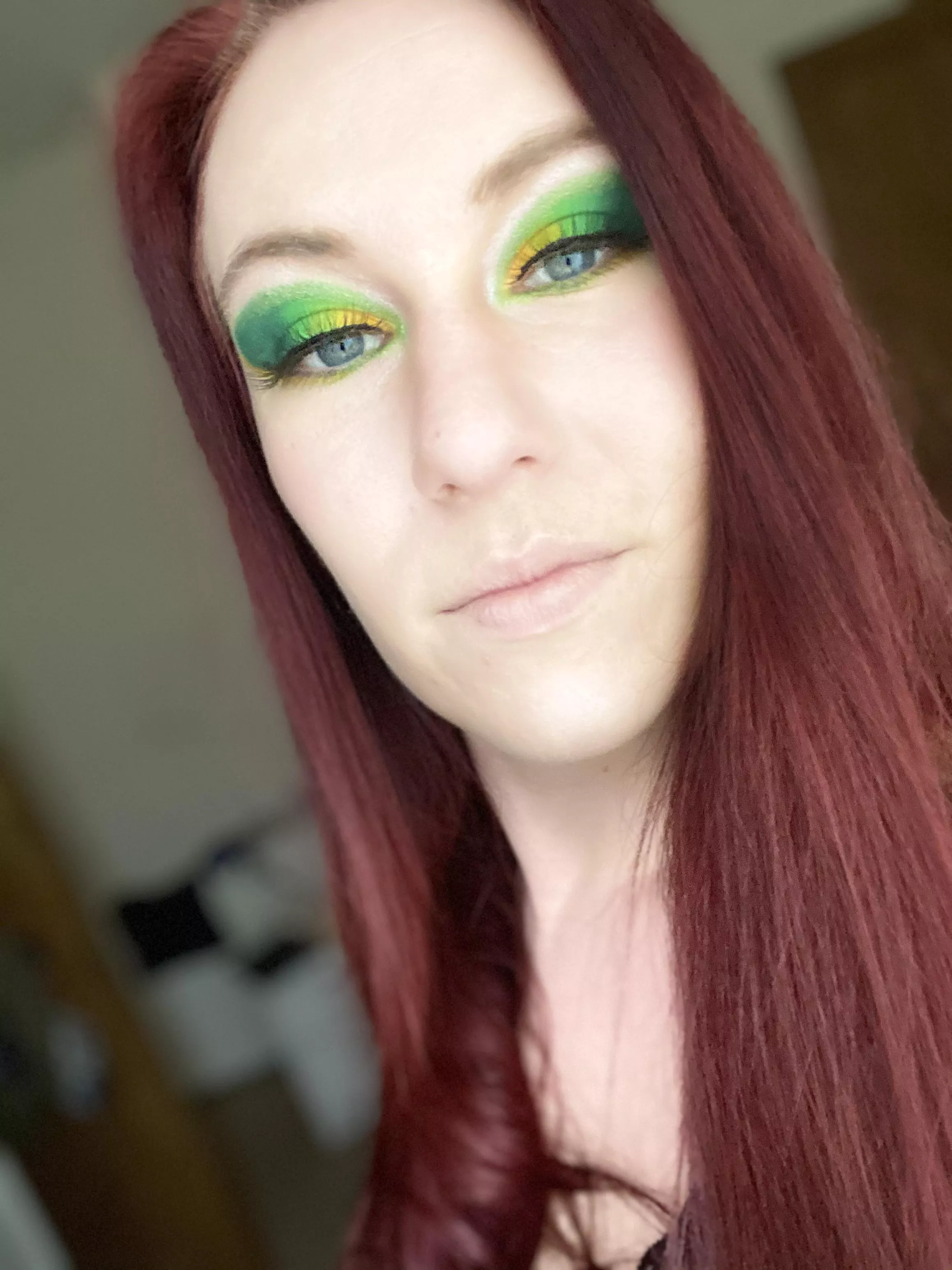 I love how the green contrasts with my hair here posted by Red-Delight