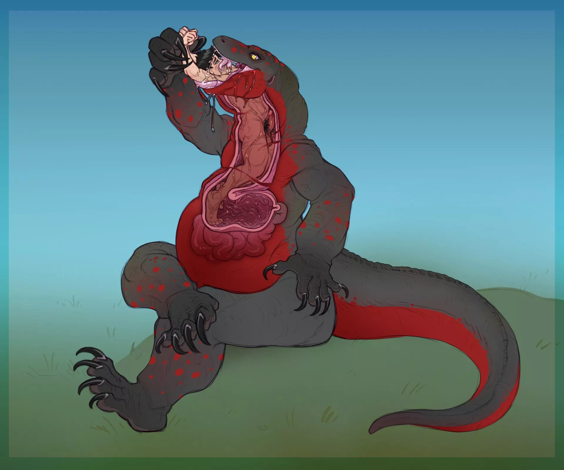 I love this scenario of the prey effectively standing inside as they're swallowed down. Does anyone have anymore pieces like this, and also know the source of this one? Thanks as always :] posted by vore_alt_owo