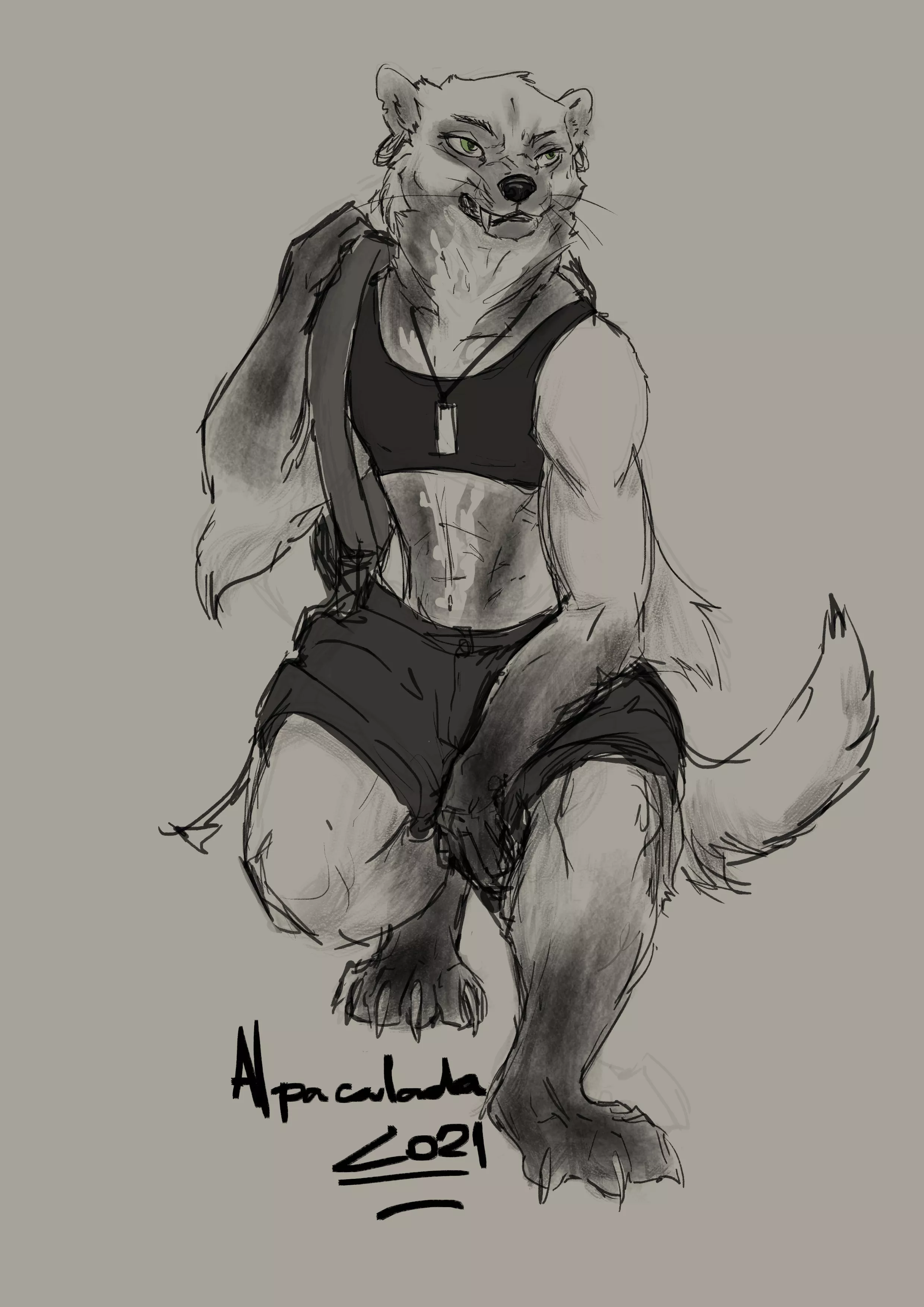 I said we need more buff ladies, so there's my contribution. I just needed to sketch something simple to refresh from the pieces I'm currently finishing, but I may have ended up with a new fursona hahahha. [Art by me] posted by Alapacalada