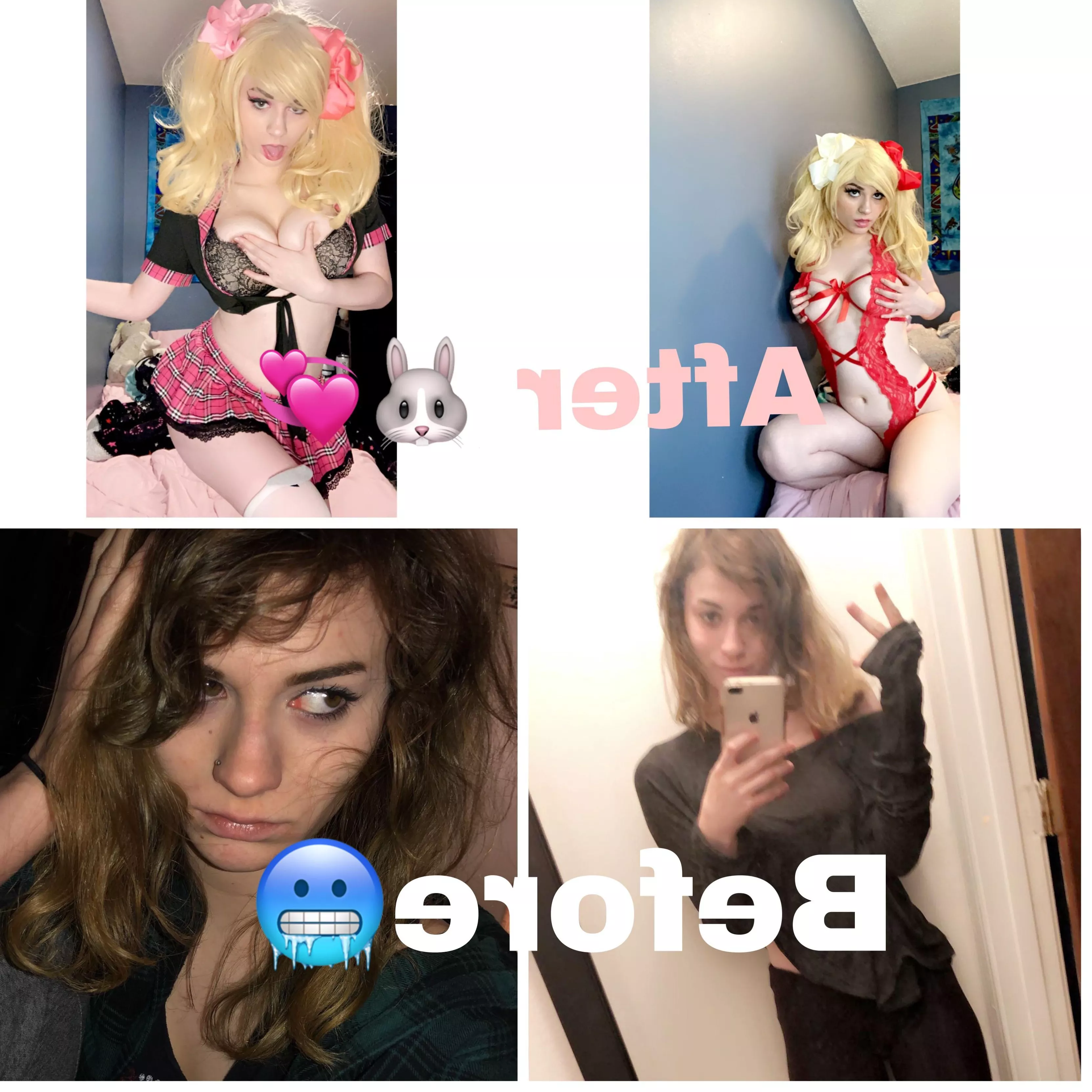 I still haev wrok to do but m proud of my progress so far, the bottom pictures are from when I was 18 (and anorexic/on drugs) the top pictures are me now at 20, drug free and happy. Being a bimbo is truly the way and m so confident now posted by lovingroomy