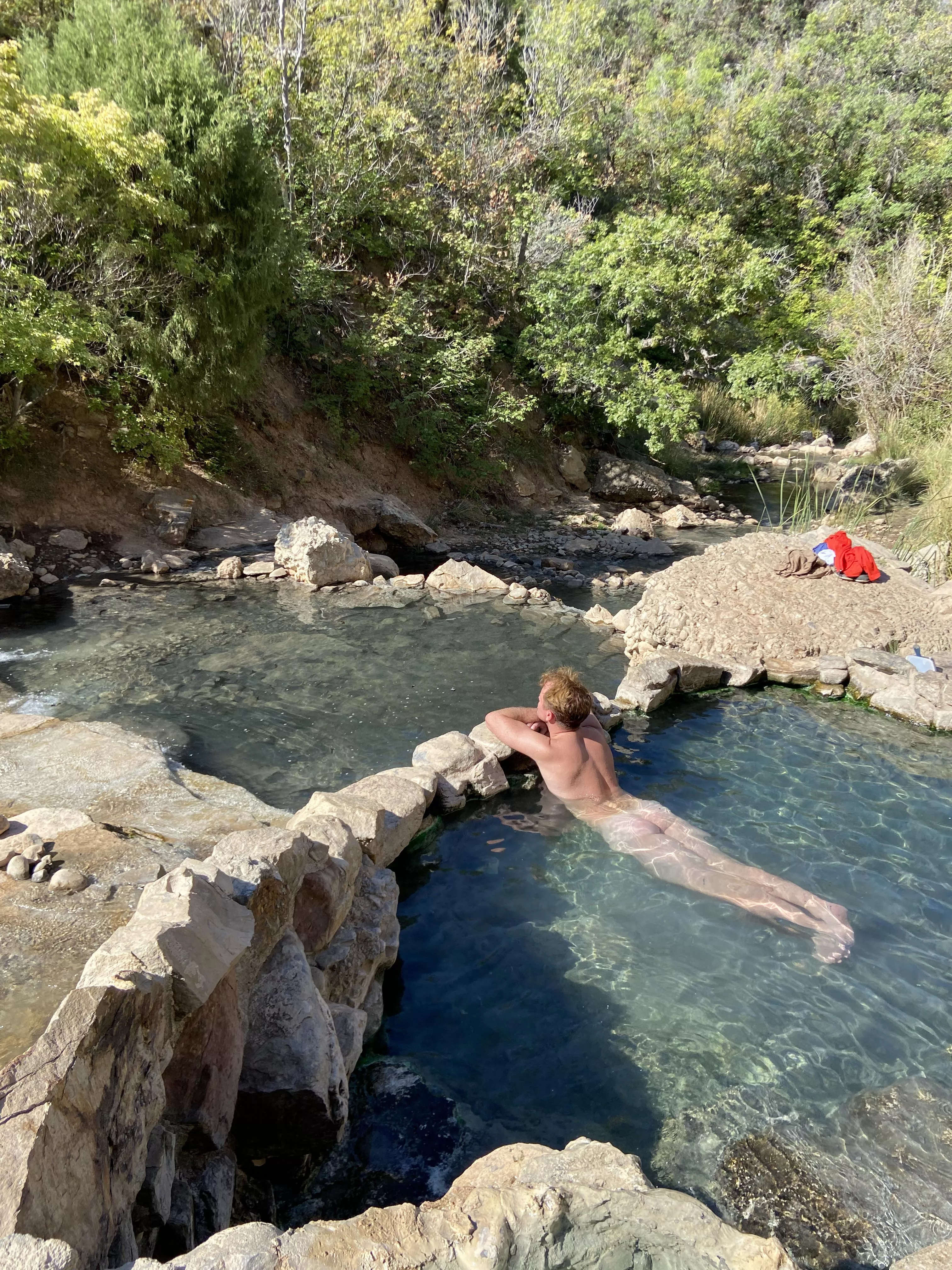 I’m out of town this week for work, but found some time for a short hike to some beautiful hot springs in the mountains. I didn’t have a swim suit, but nobody else who was there seemed to mind. posted by wesleyroberts206