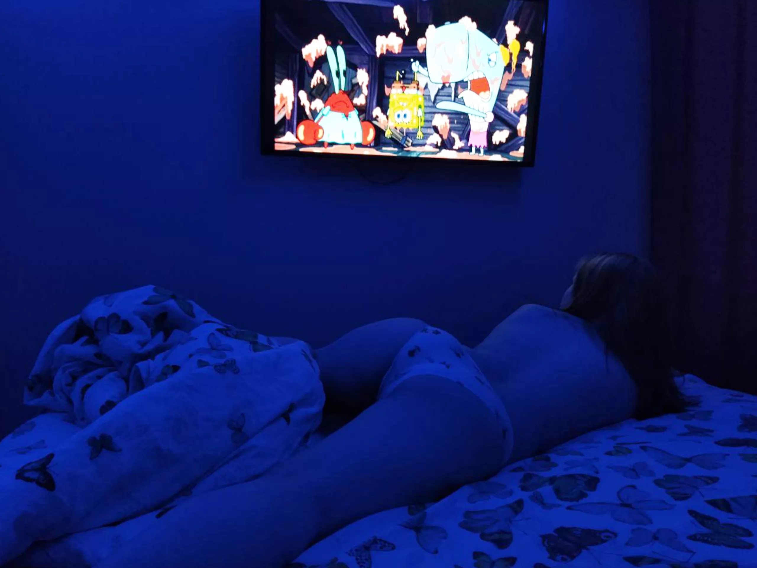 I'm watching SpongeBob, could you lie down next to me and lower my panties?) posted by Hot_girl_18