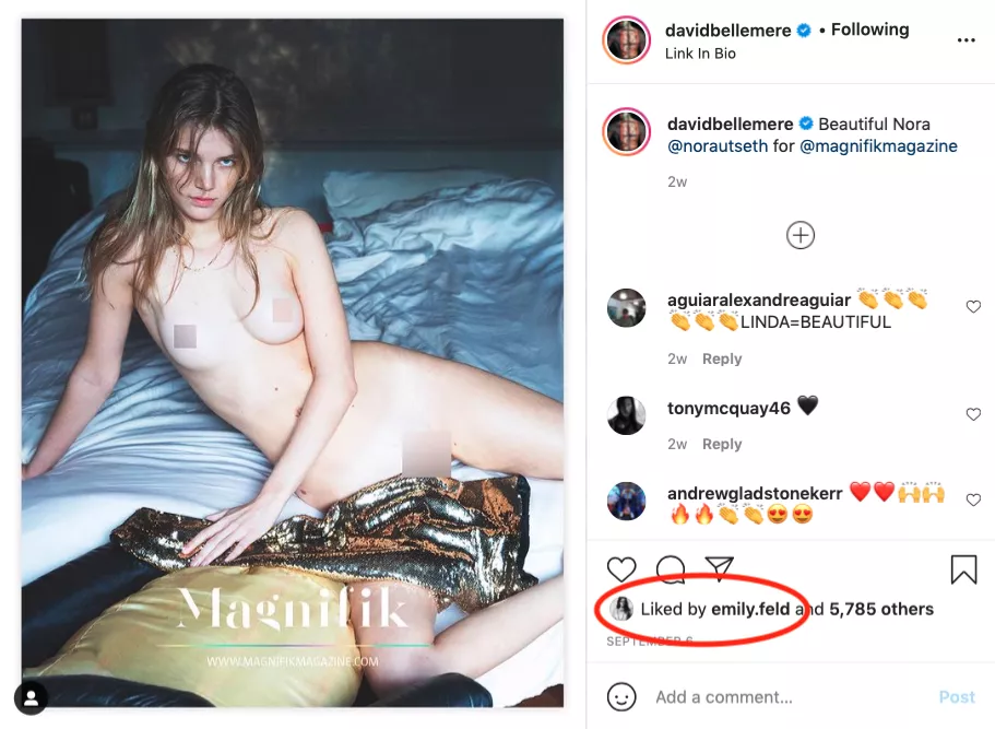 I've noticed Emily has been consistently liking a lot of David Bellemere's nude photos. Maybe there's a chance she'll work with him in a couple of years! posted by spectralis2