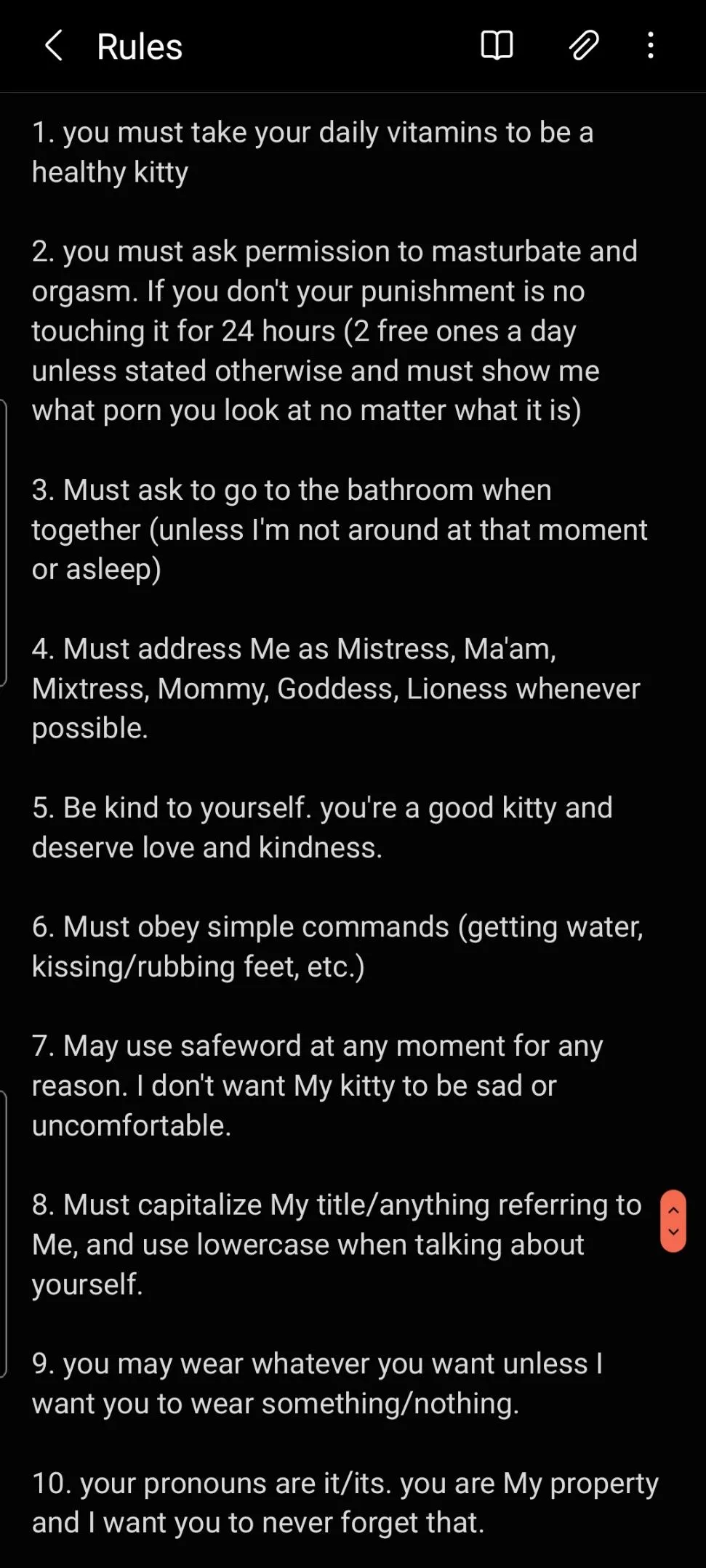 Just made a list of rules for My kitty to follow. I haven't shown them to it yet, but we are just starting a more 24/7 D/s relationship and was wondering if these are good rules to start with. posted by Critical_Ad1600