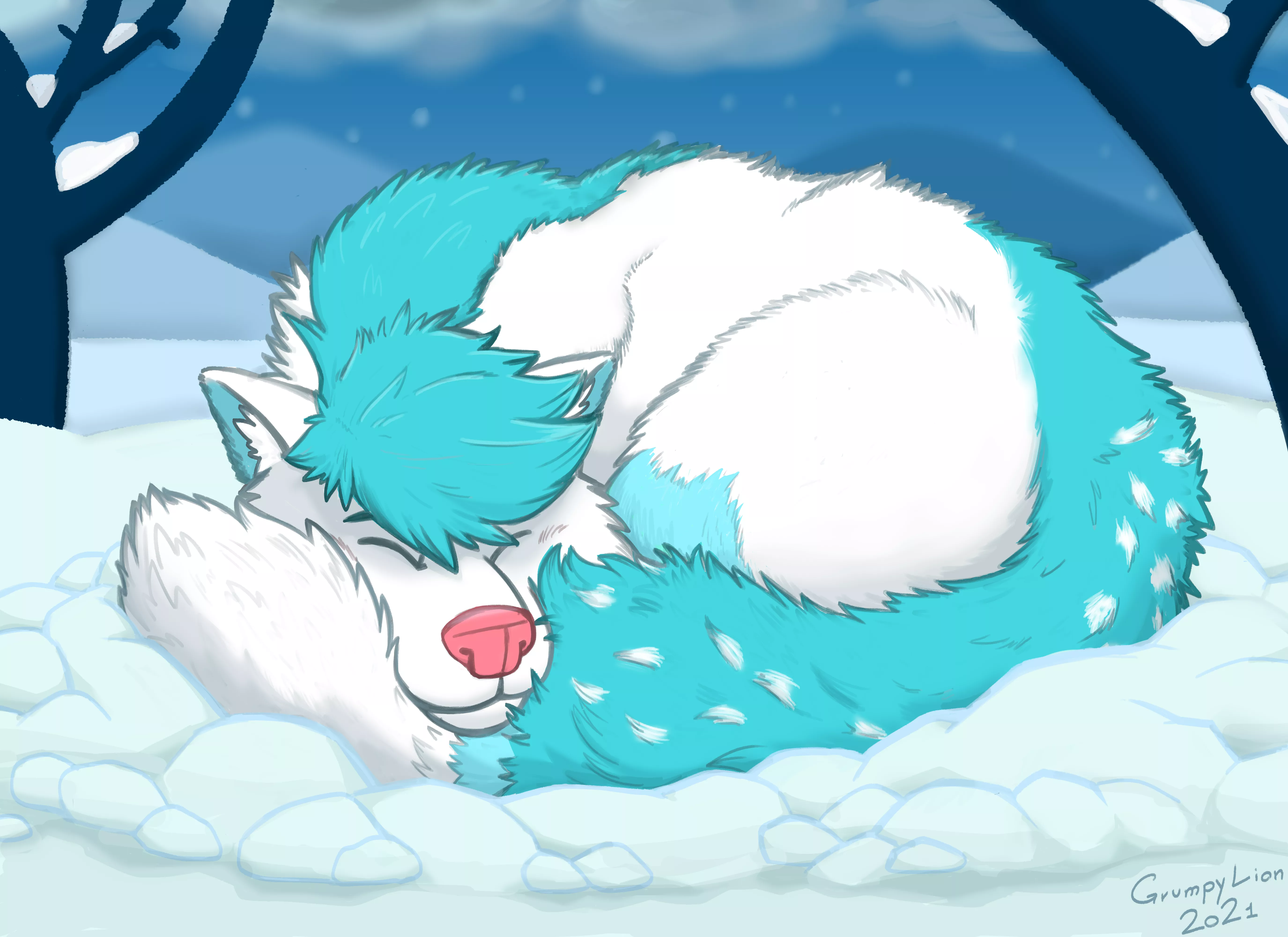 Just sleeping on snow, art by @tomtony42 on twitter posted by Steve_Wolf_Furry