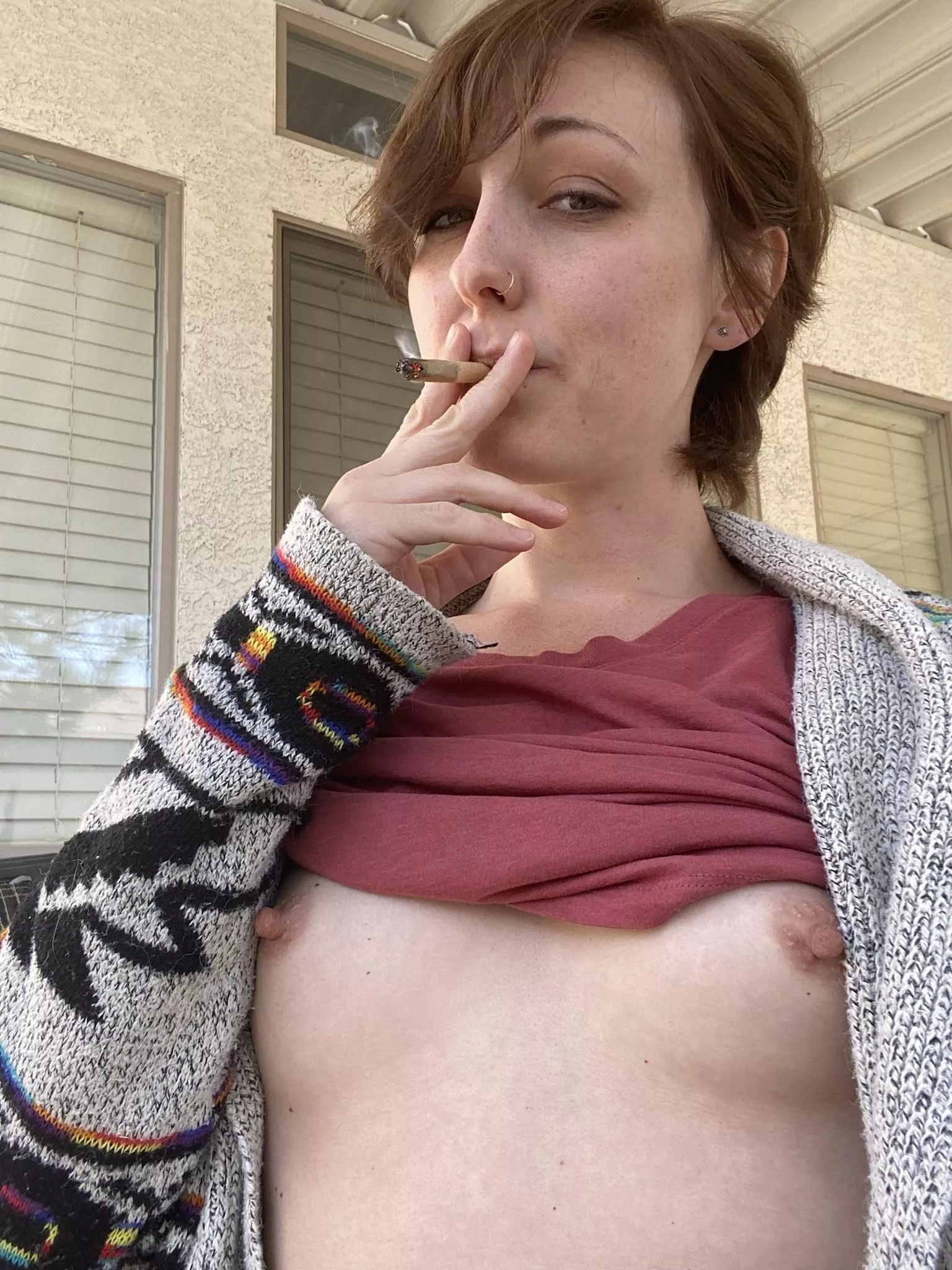 Kids are at school so I’m enjoying a morning joint and some sunshine on my (f) boobies 😘😊 posted by ScarlettforDaddy