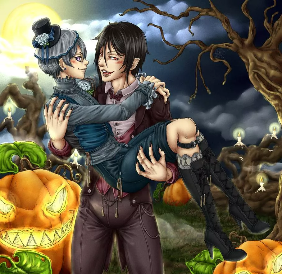 [Kuroshitsuji] Fan art I made years ago of Sebastian and Ciel from Black Butler. I drew this for a contest for Halloween. 🖤🎃🦇 I love these two together. posted by Aldric-Cheylan