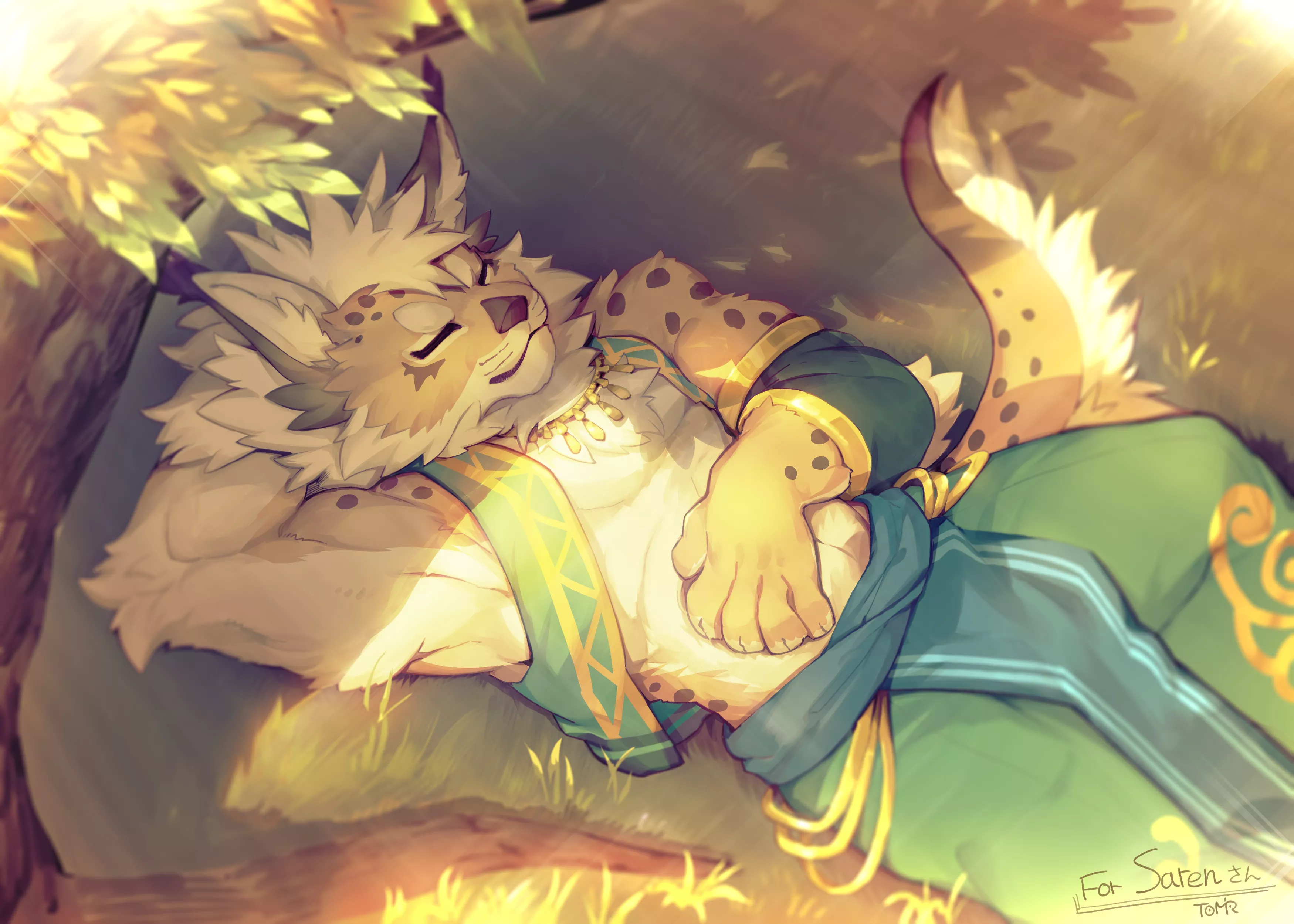 Lazy cat sleeping under the tree~ (Art by @toomiro, OC by me @nekomatasaren) posted by Saren-WTAKO