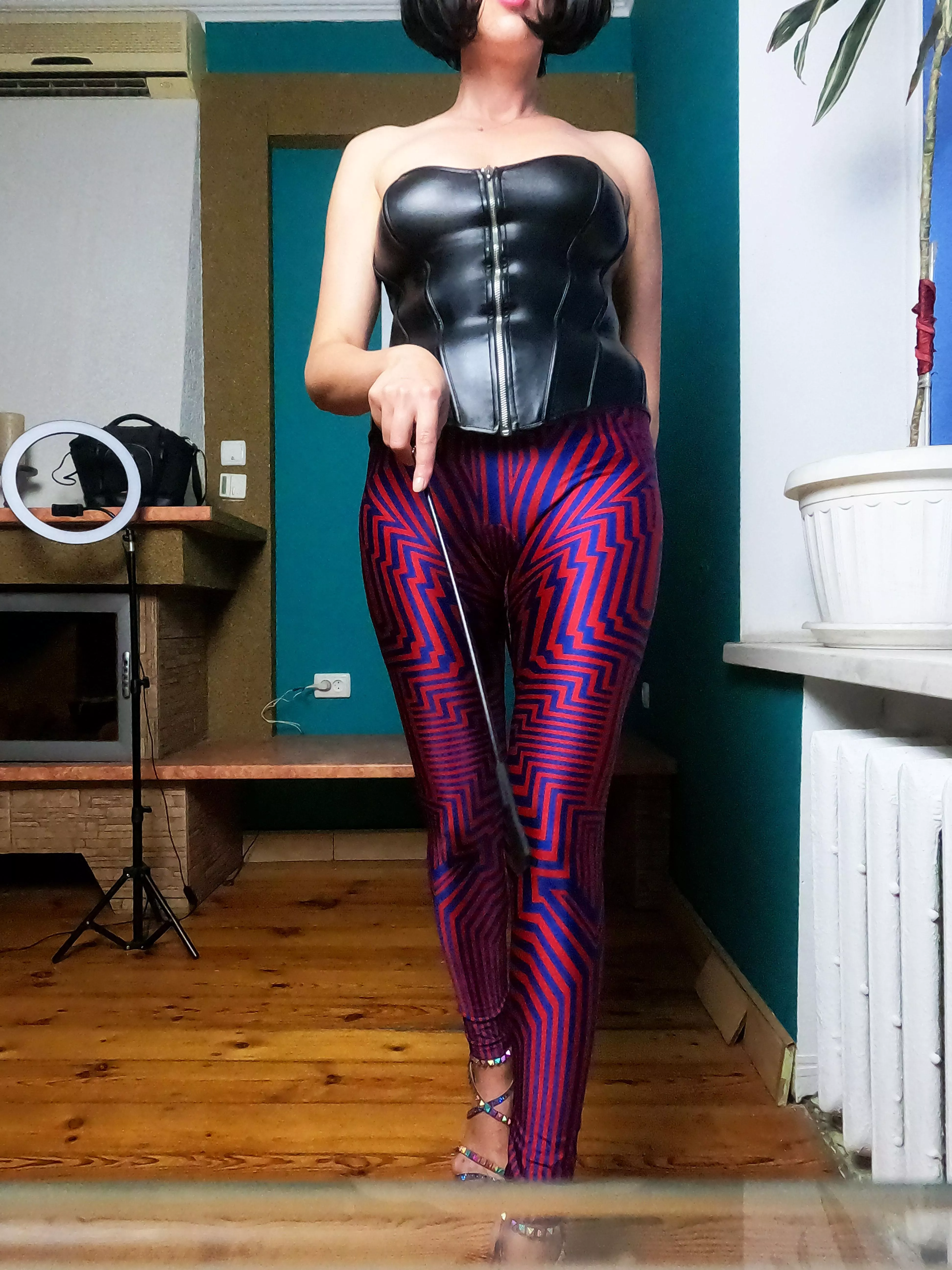 Leather corset and bright silky leggings [OC] posted by Niamh_Satie