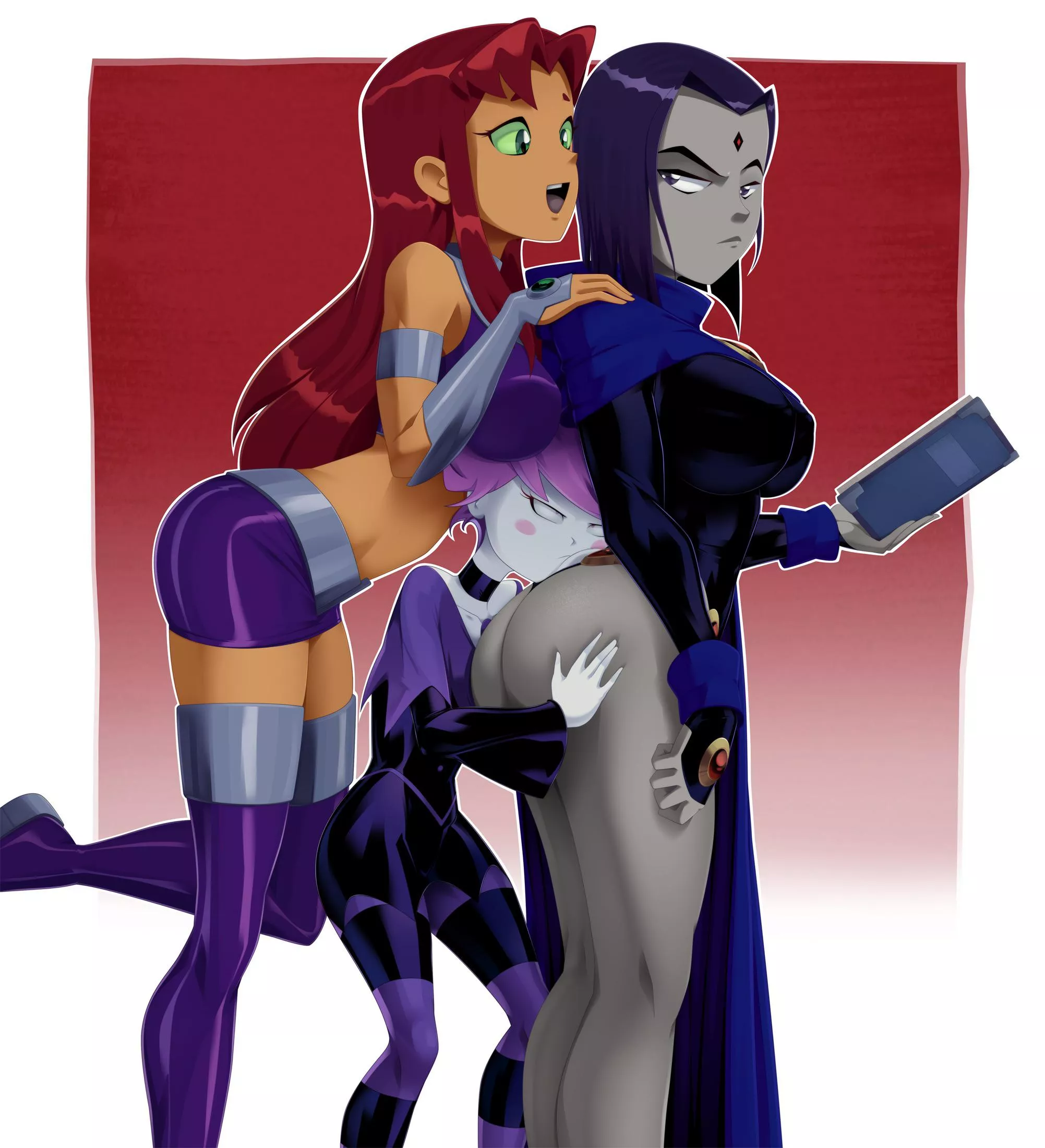 Lucky Jinx “trapped” between Starfire and Raven’s assets (Ravenravenraven) posted by Dirtydan794