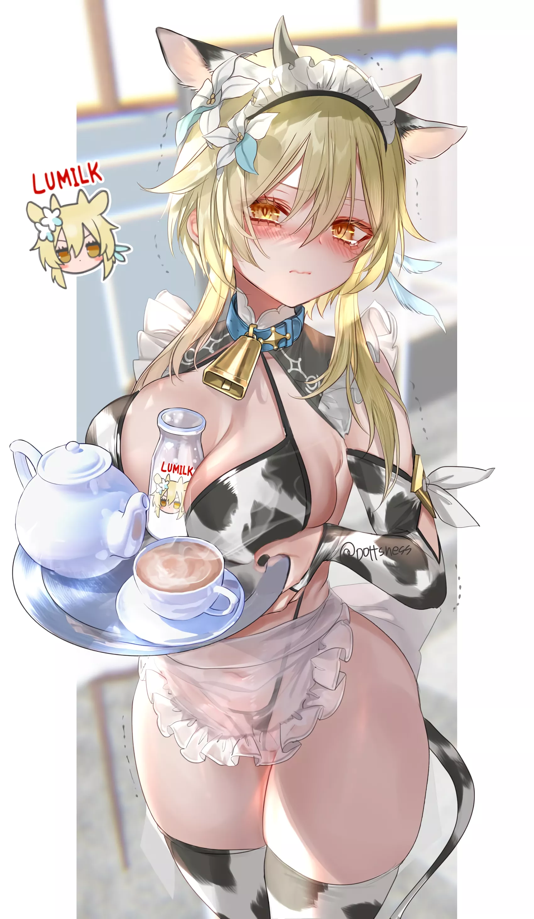 Lumine with tea and Lumilk (pottsness) [Genshin Impact] posted by elegantloveglimmer