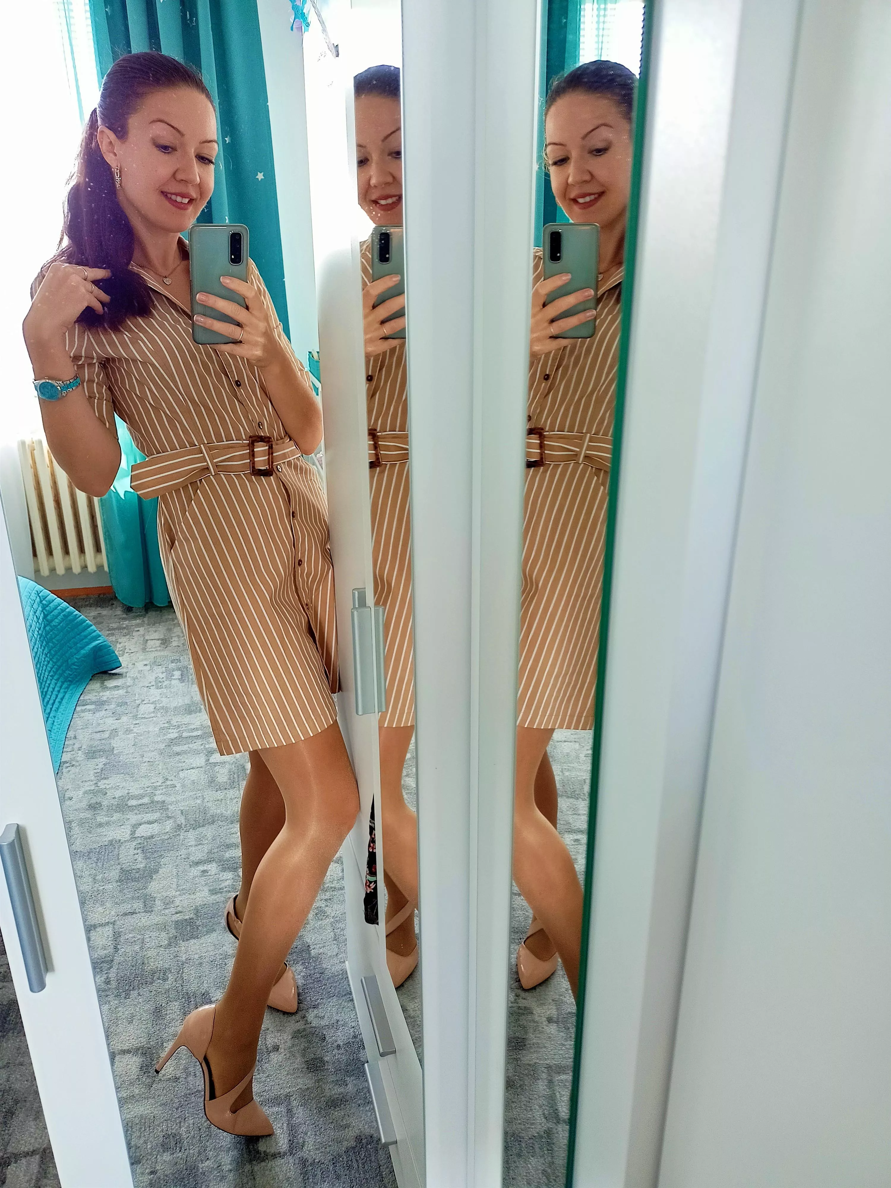 Matching my beige outfit with shiny tights posted by slavena_slavic