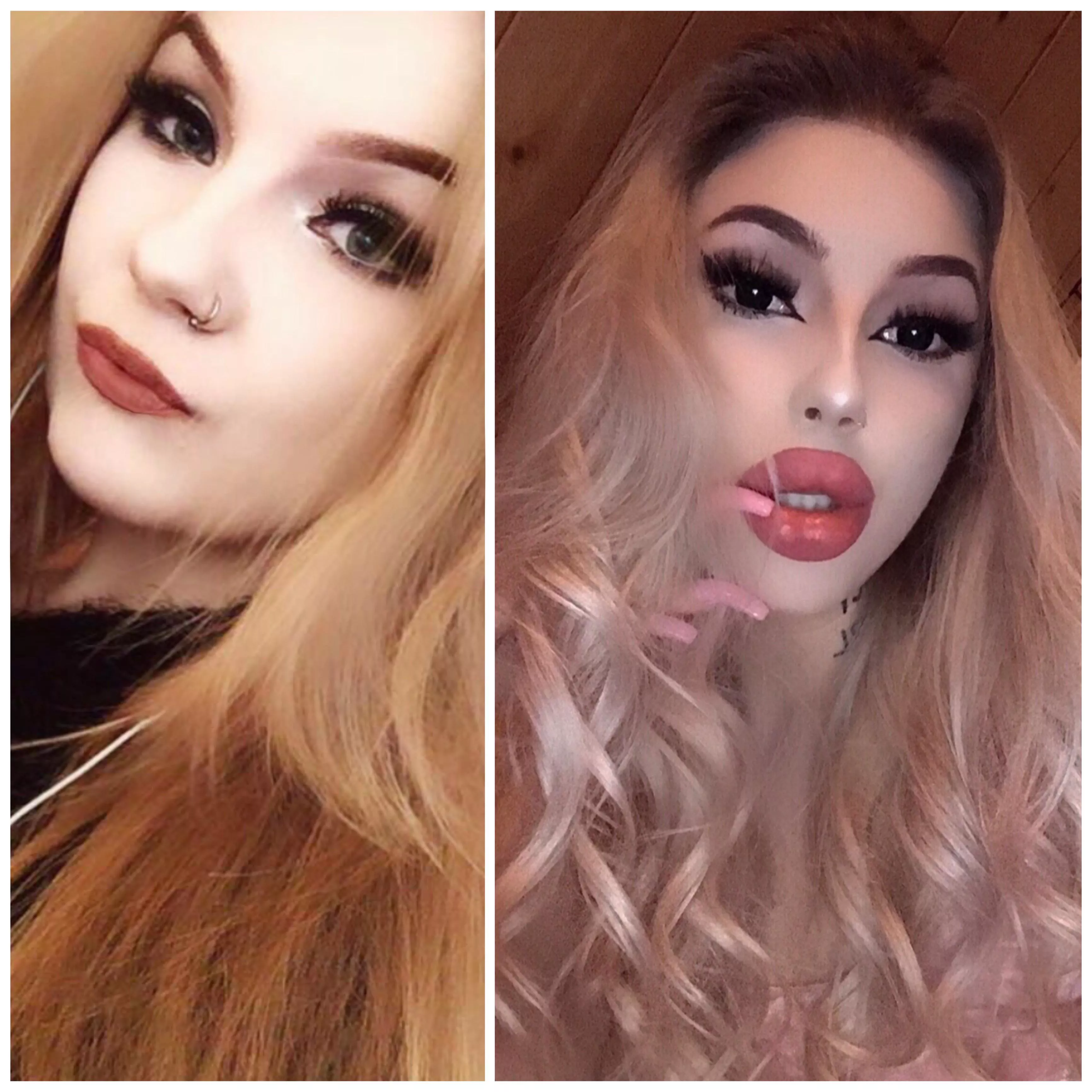 me before and one year after bimbofication🔥🤭 + also breast augmentation 6 months ago💋 posted by charlotteventurax