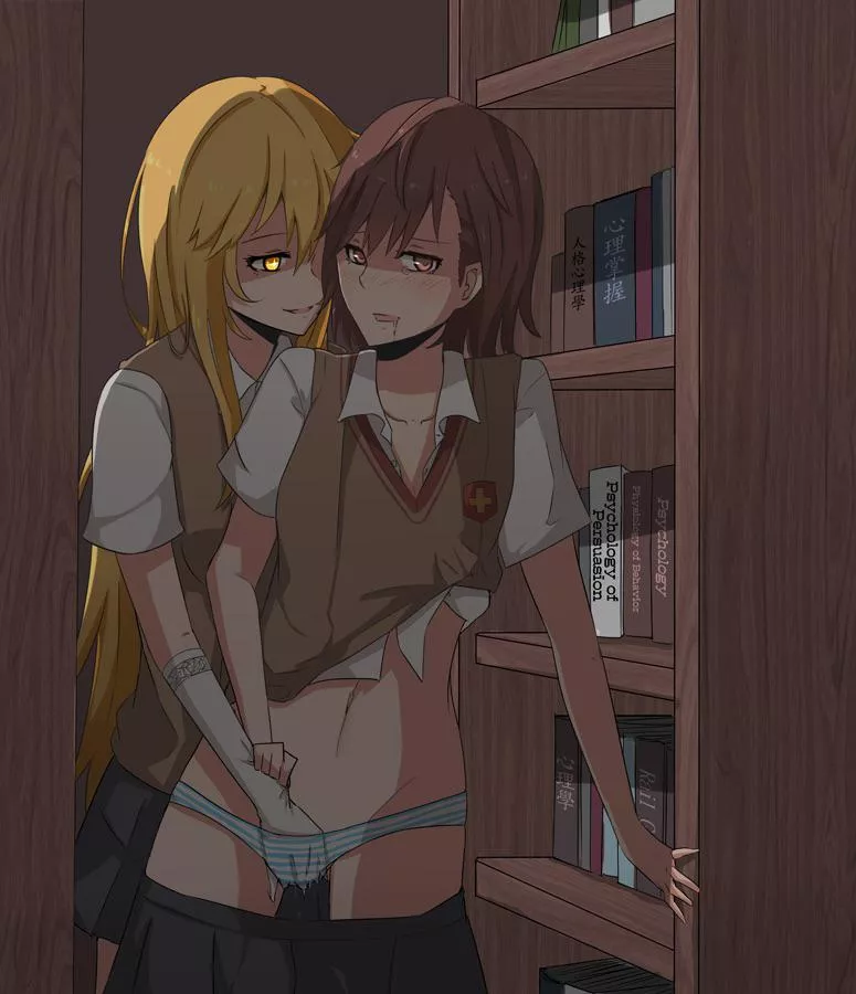 Misaki fingering Misaka in the library [Toaru Kagaku No Railgun] posted by MillionHypotheses