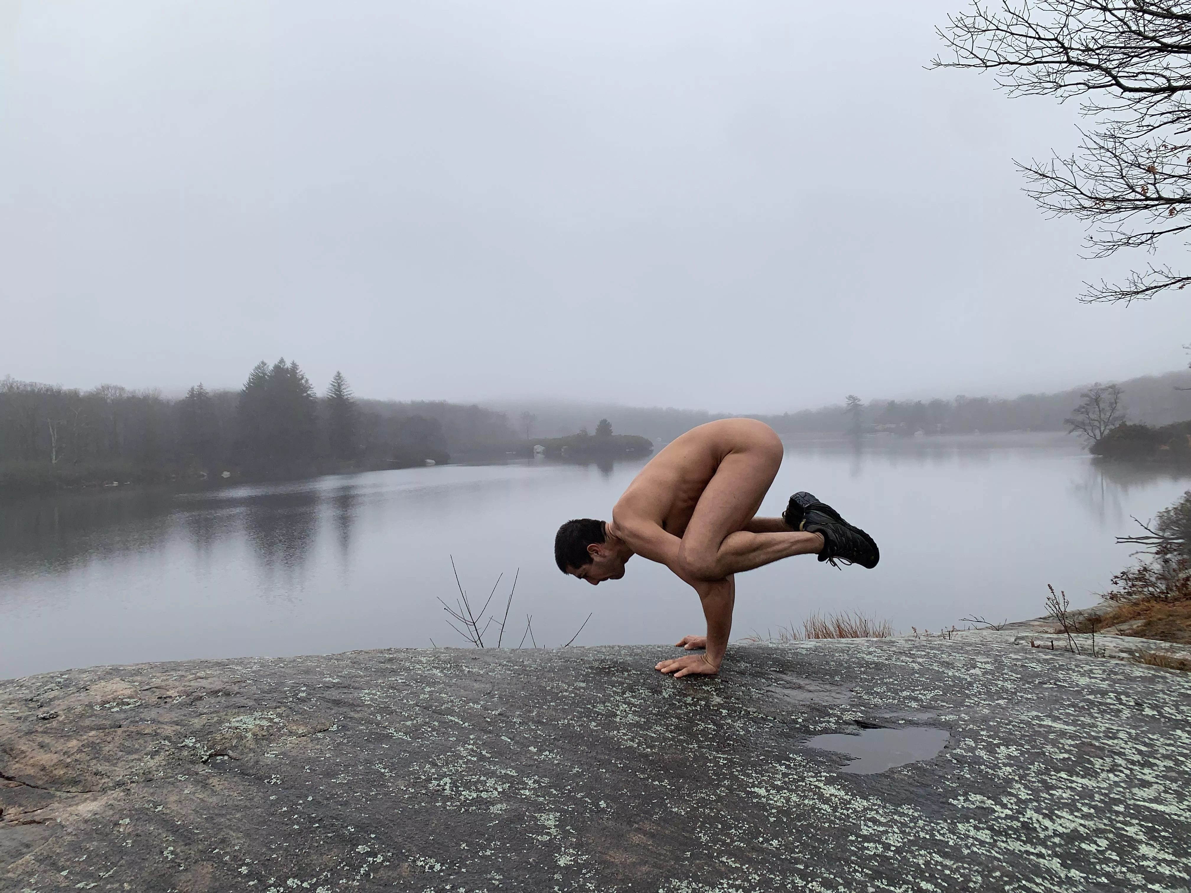 Misty foggy day hike and some naked yoga in this beautiful flat rock with the lake in the background posted by Pleasant-Finance6490