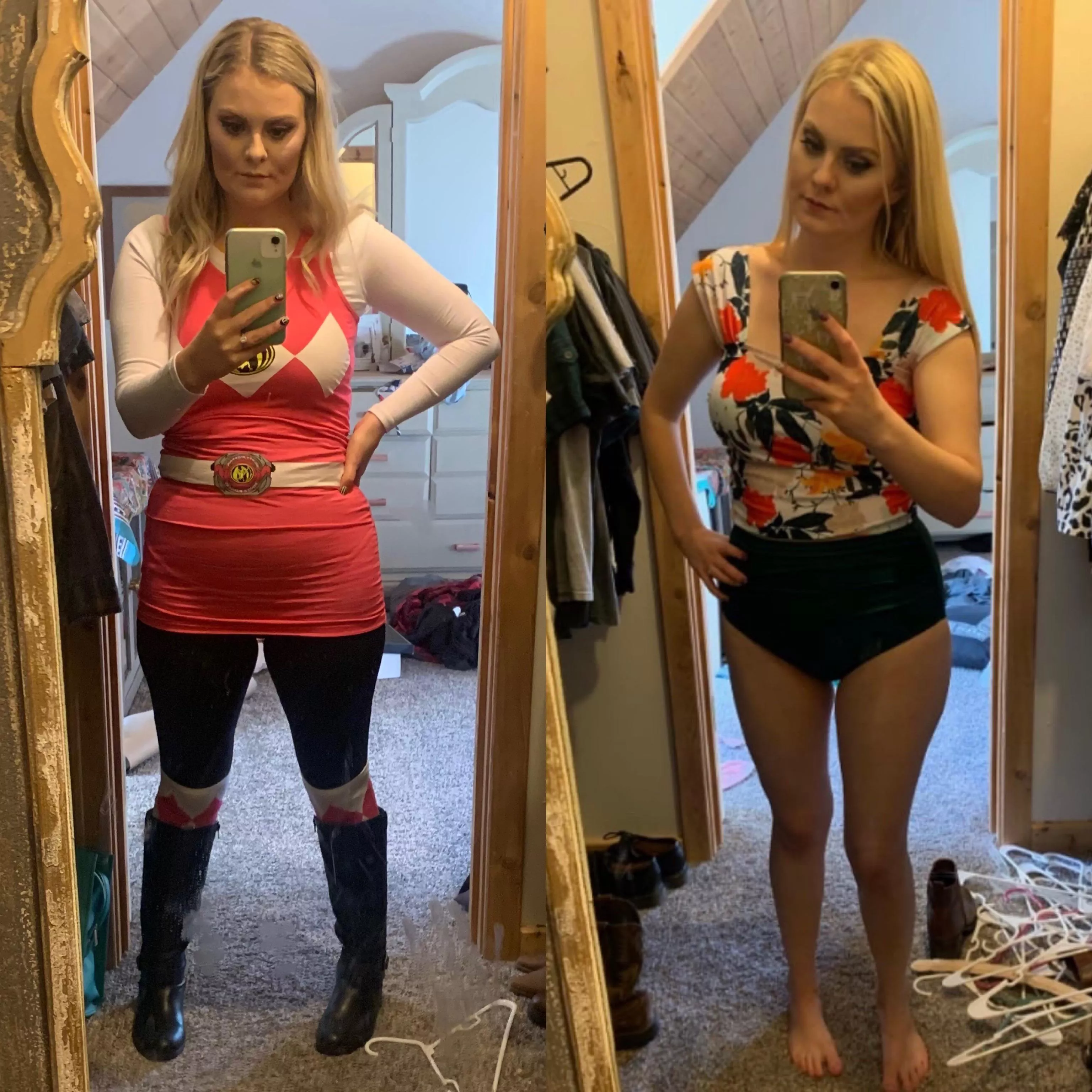 My 26yo wife and mom of 2. Left pic is her in a PowerRanger costume yesterday. Right pic is her in her one piece last summer. She’s 5’2 as well. What do you all think of her? Don’t hold back😈. I’ll make a collage of her in her bra and panties  posted by TheEagle1776