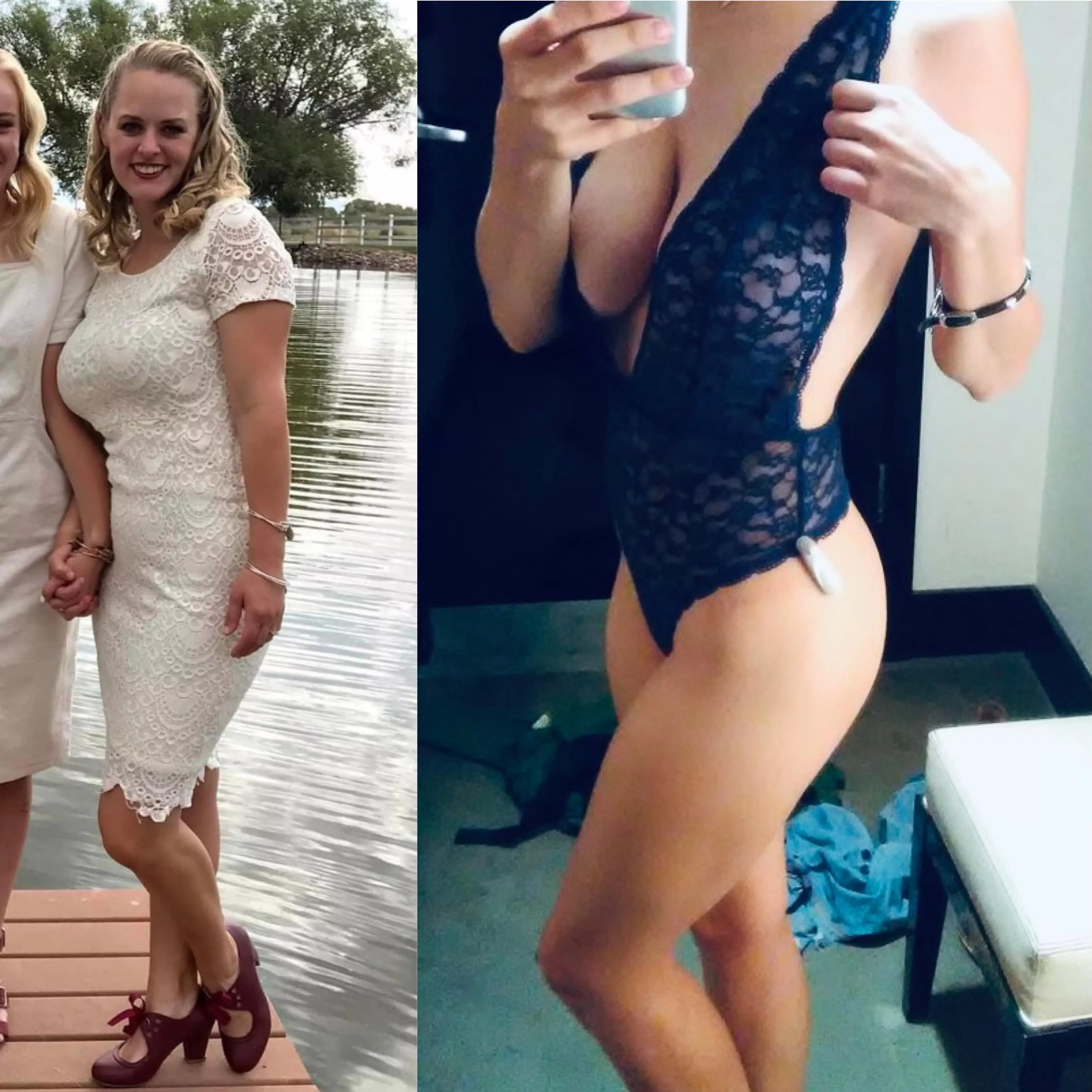 My 30yo milf wife. Left pic is her at family pics last year. Right pic is her in Lingerie she sent to me and I bet some other dudes. What do you all think of her? posted by WalkaFlocka63