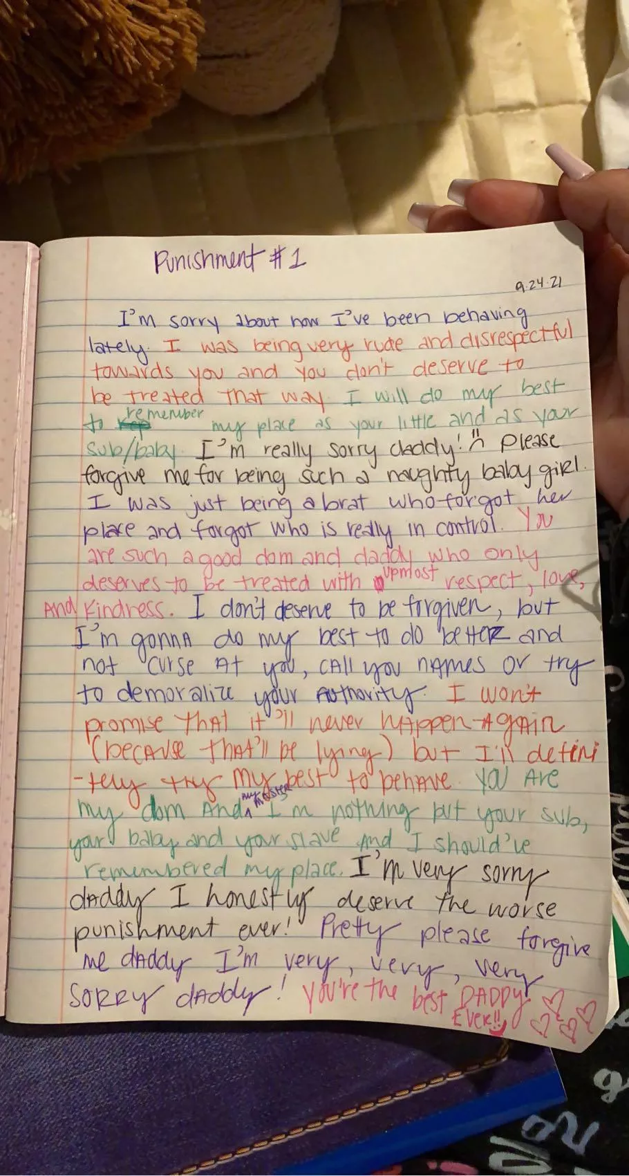 My baby had been bad lately and very misbehaving, so I gave her her first ever written essay. It was just supposed to be an apology but she saw it as punishment and after reading this my heart skipped a beat~ðŸ’• She is ðŸŒŸ forgiven ðŸŒŸ posted by UnknownPx7