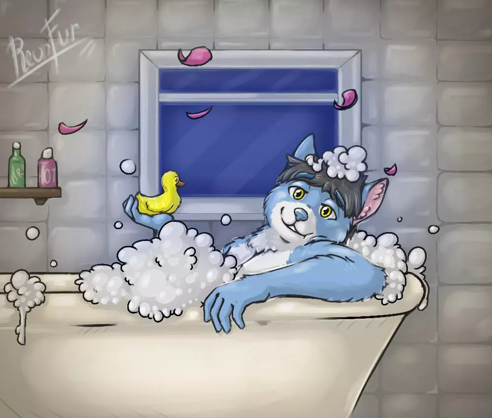 My fursona Sparky chillin’ in the tub | art by ReonFur posted by TheLoyalPotato