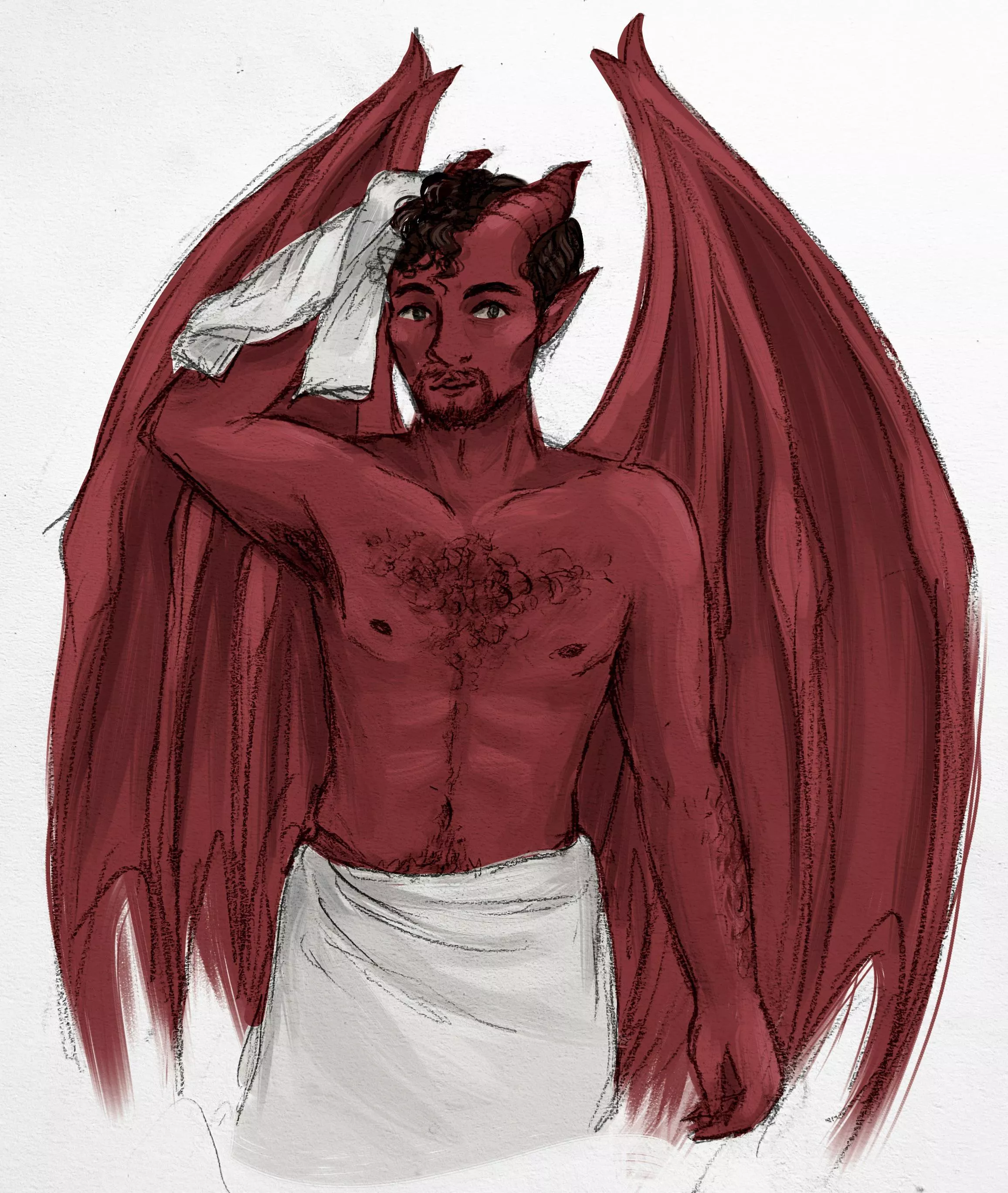 My new character, a Tiefling Cleric! Here’s a digitally-coloured sketch of him drying off after a shower posted by orangevanillasweetie