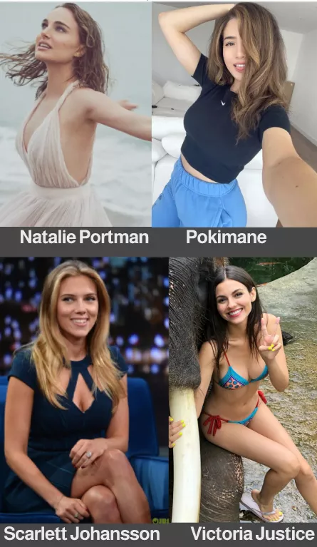 Natalie Portman vs. Pokimane vs. Scarlett Johansson vs. Victoria Justice posted by lemosiii