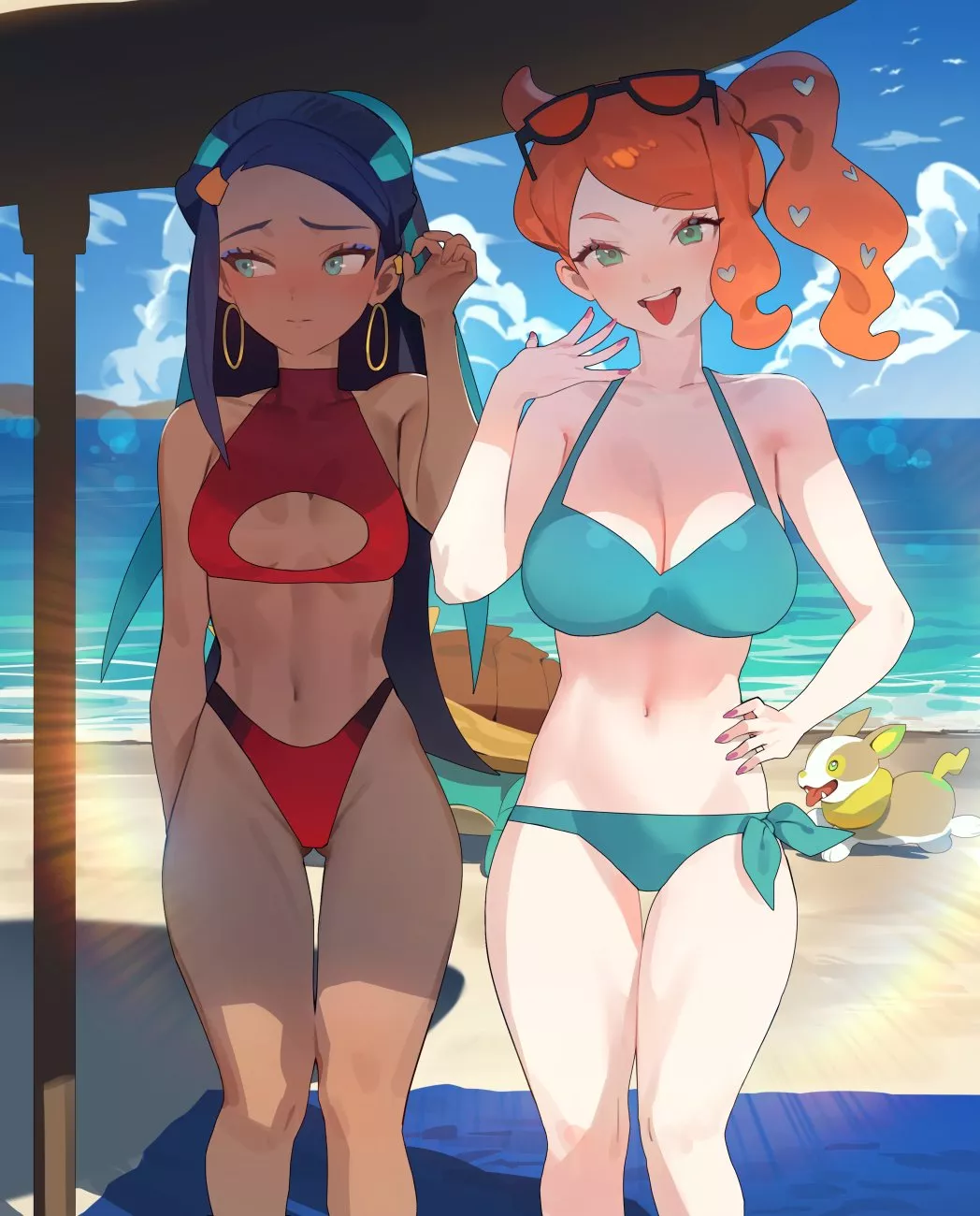 Nessa, Sonia - Escaping the cold northern emisphere and enjoying the beach (Hood, 후드) [Pokemon] posted by gifsundgirls