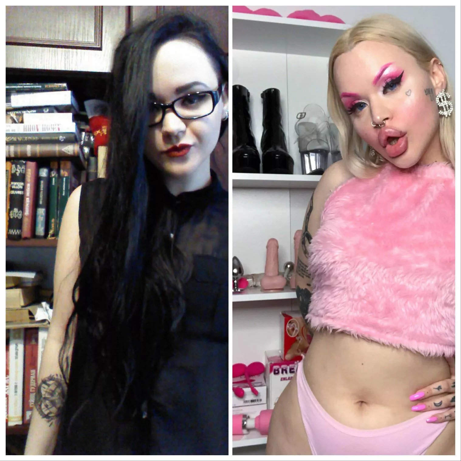 Oh my God i just noticed funny difference between things in room bookcase then and now 😀 Btw it’s my newest photo on the right, recently after getting my 10th cc of lip filler! posted by nasty_bimbo