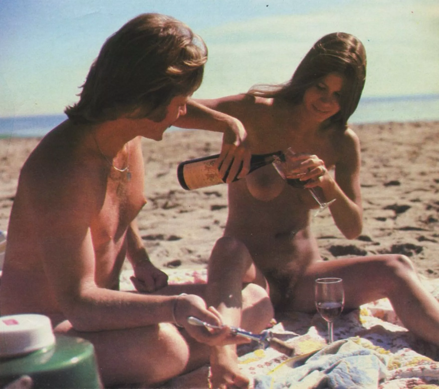 Picnic on the beach with wine (H&E International Summer 1980) posted by NaturistPictures