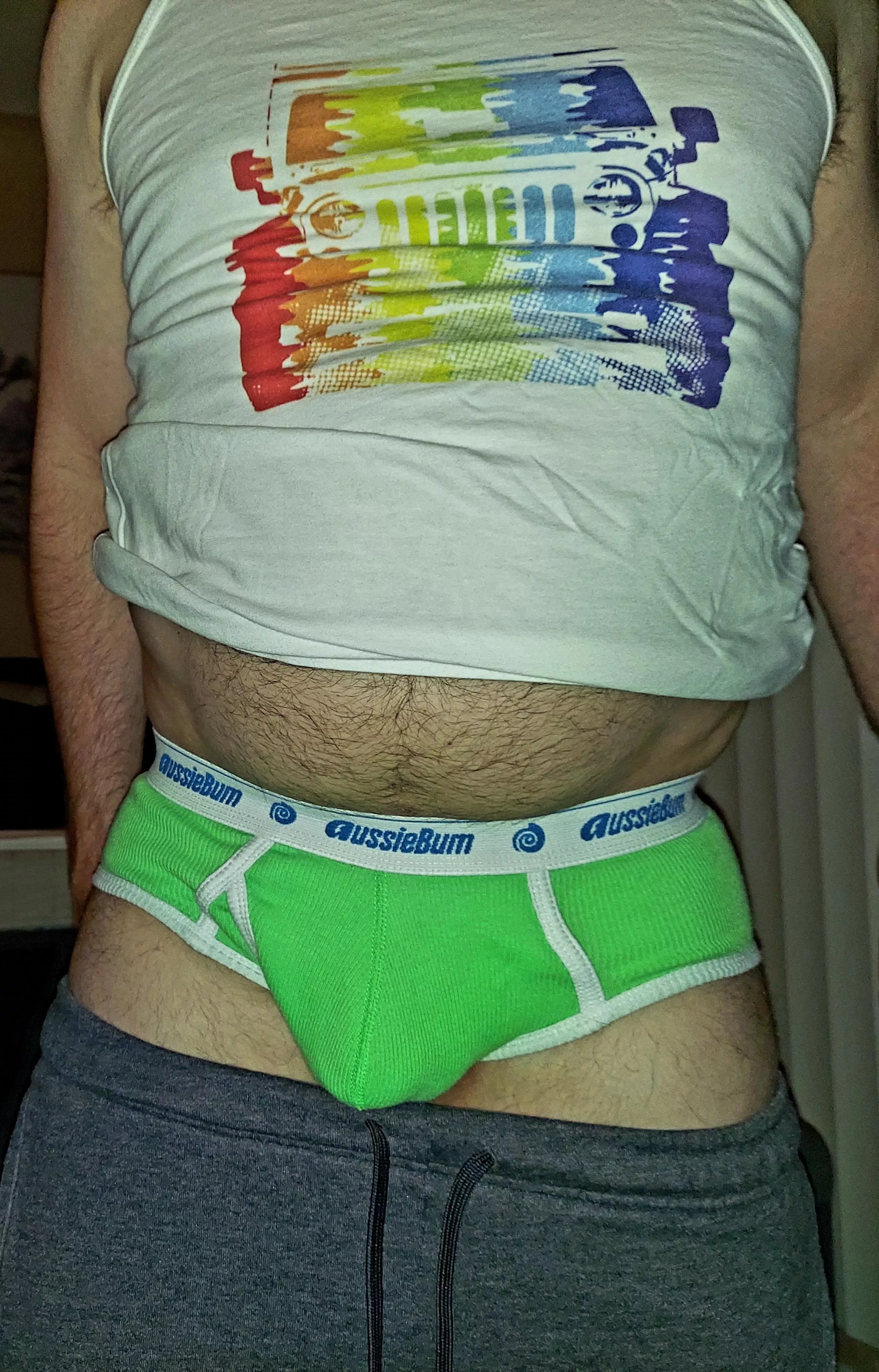 Pride Jeep in lime briefs posted by Homo_gone_wild