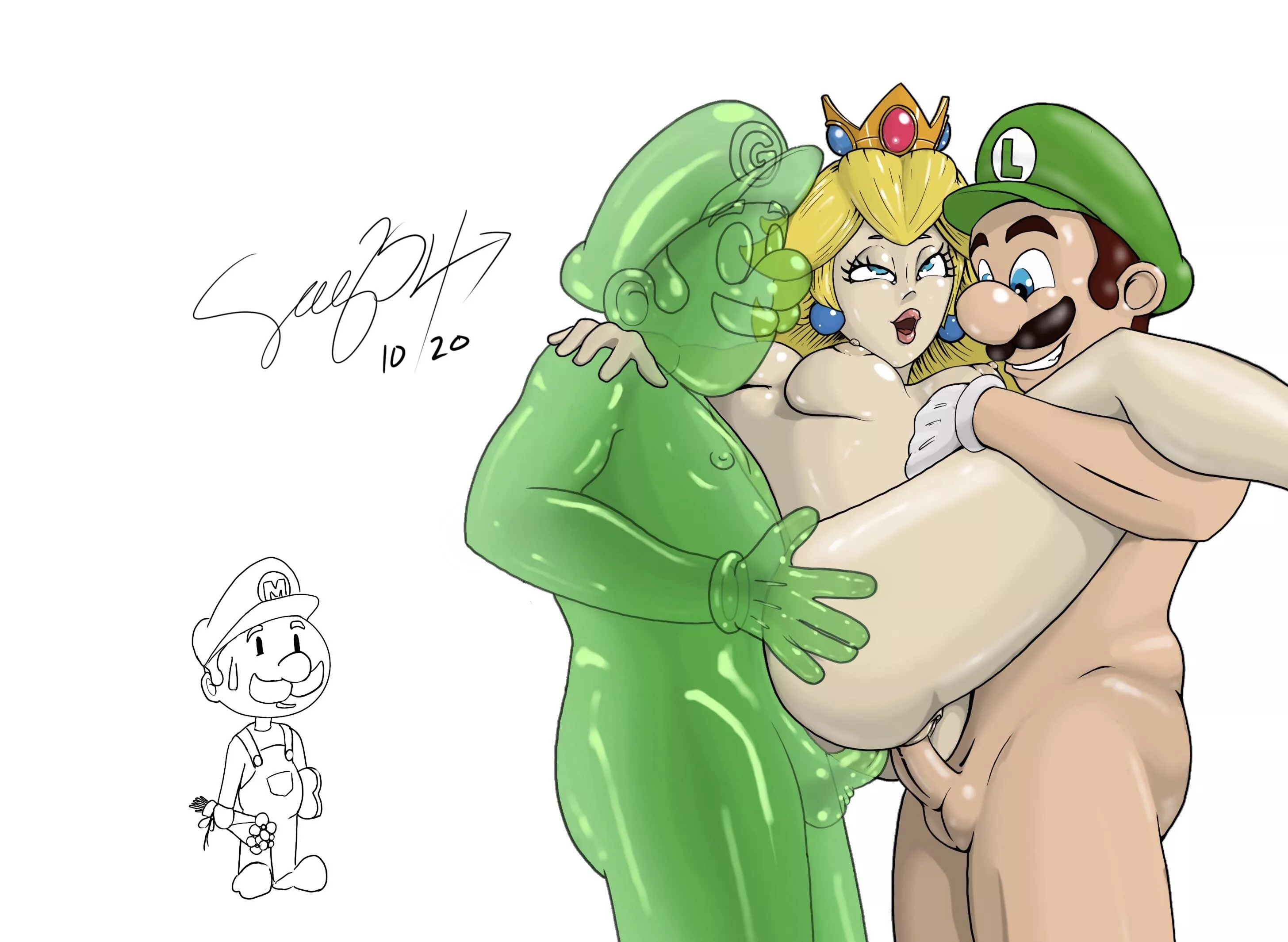 Princess Peach gets double teamed bu Luigi and Gooigi. Sorry Mario, the princess has needs! posted by Sag34