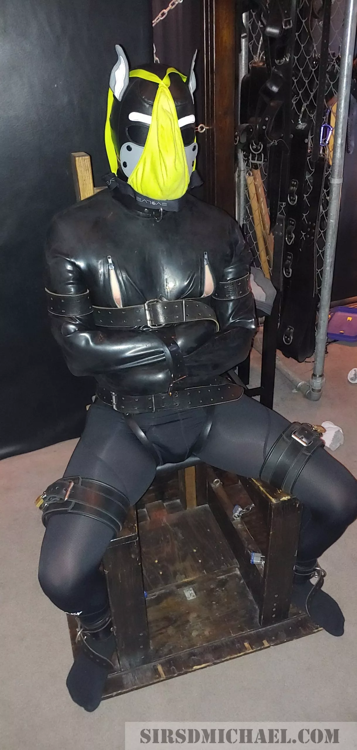 Pup bound in a rubber straitjacket, gagged, and strapped to a bondage chair posted by sdmichael