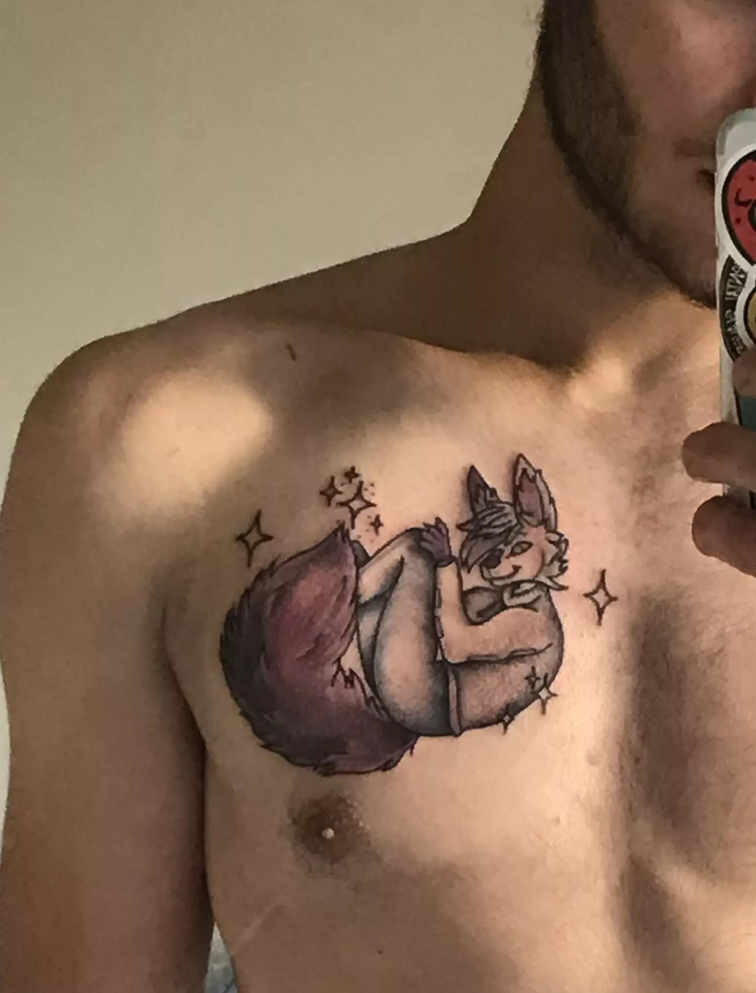 Quartz tattoo half way done! Still need to add colours will keep posting updates on ig @lewisquartz100 :) (anyone who tells u a tattoo don’t hurt is lying btw) posted by Quartz_the_fennec