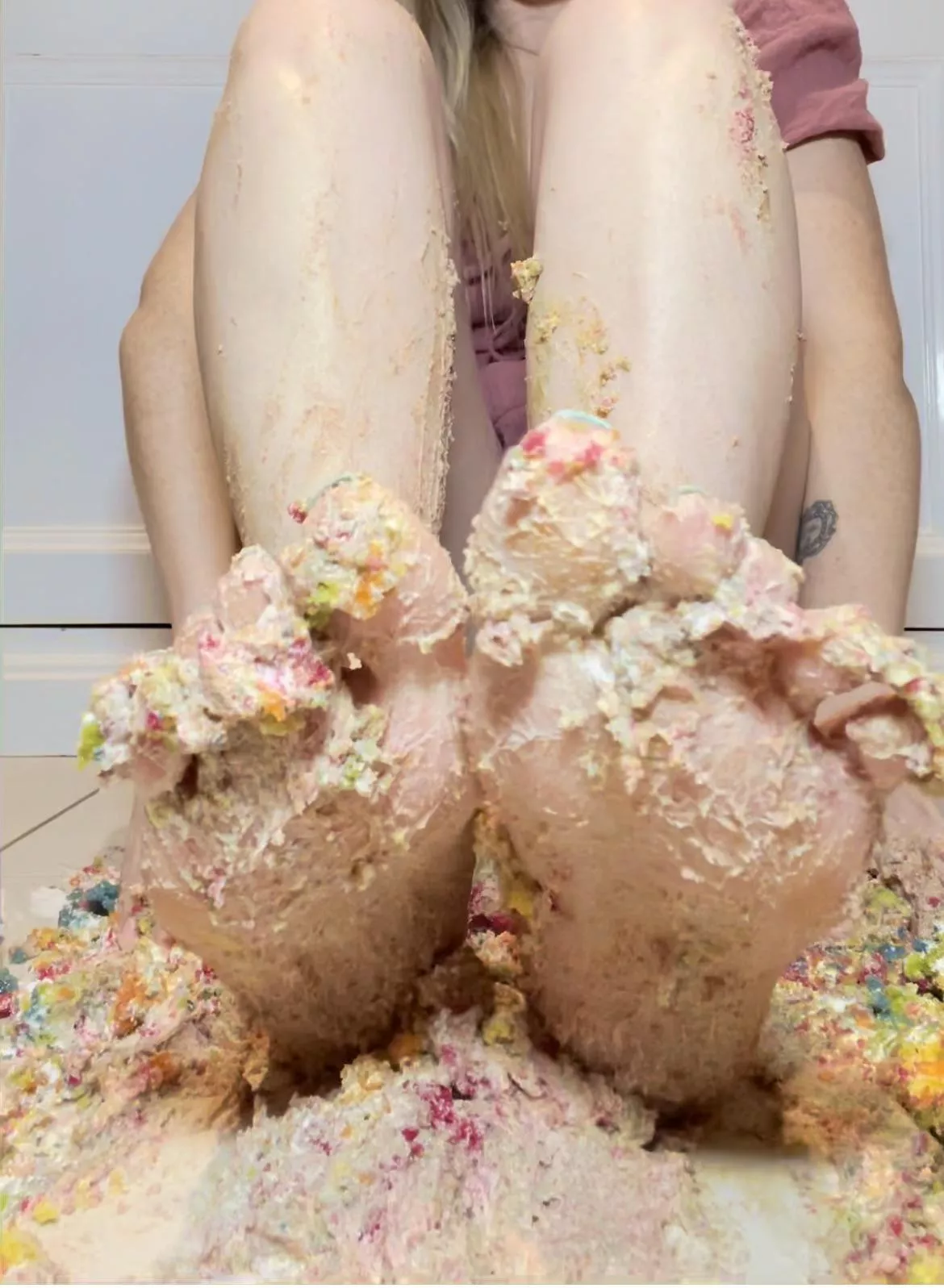 Rainbow cake smashed! Now who is going to clean me up posted by Adventurous-Cry1614