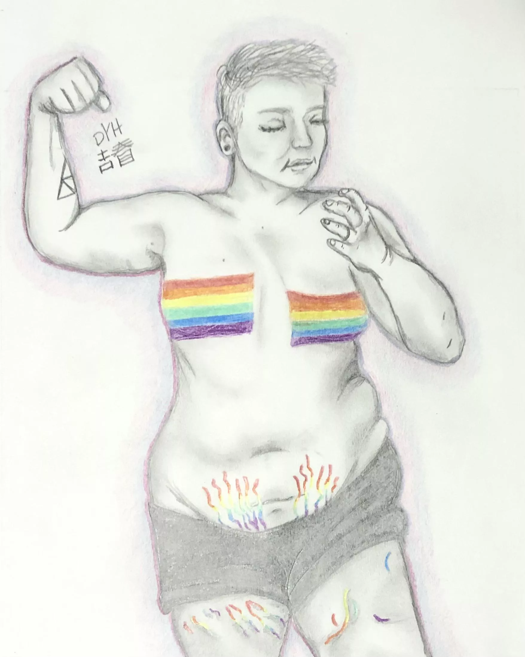 Recent piece I did for an enby wanting to commemorate their changing body on HRT and new stretch marks ❤️🧡💛💚💙💜 posted by dylanyoshichan